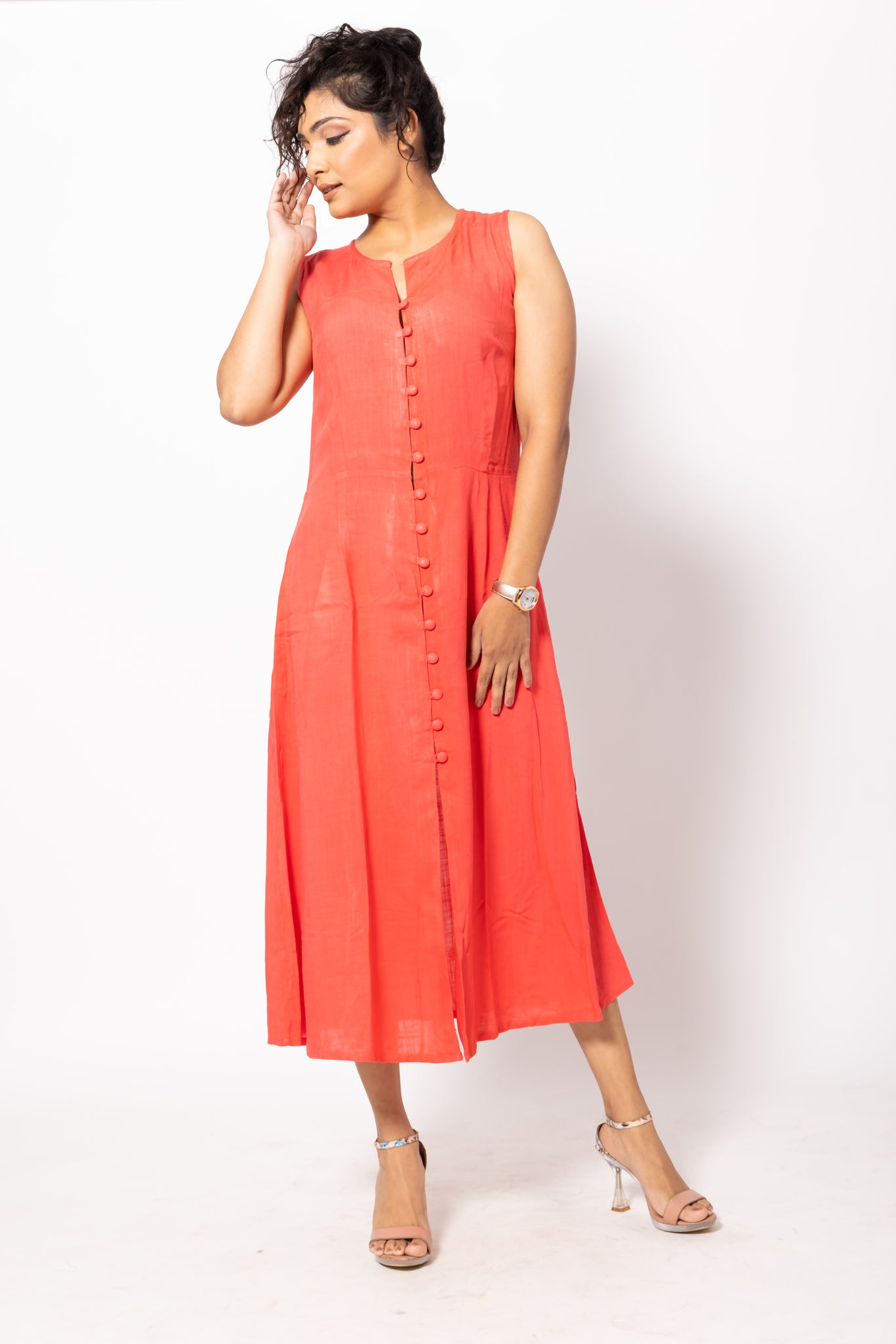 Buttoned A-Lined Coral Fitted Dress