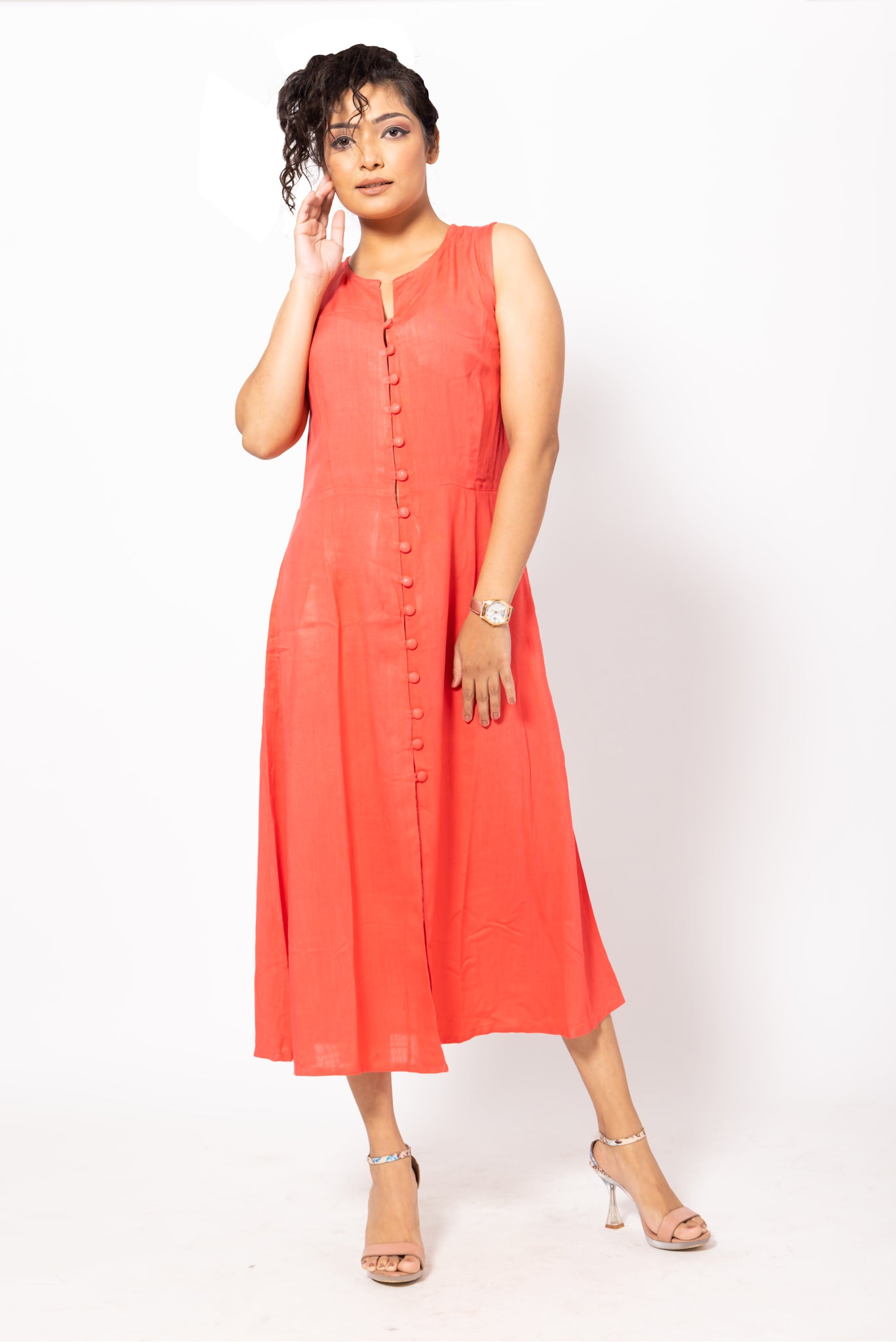 Buttoned A-Lined Coral Fitted Dress