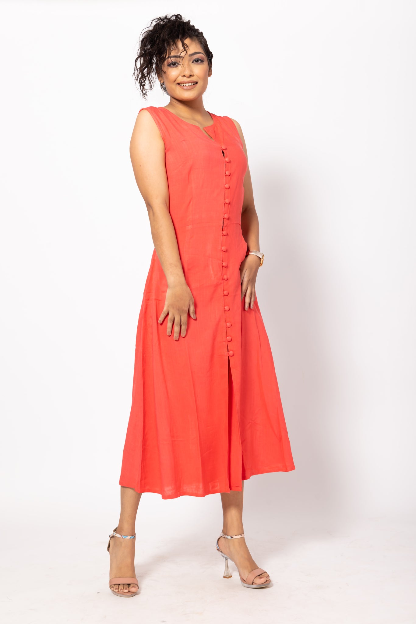 Buttoned A-Lined Coral Fitted Dress