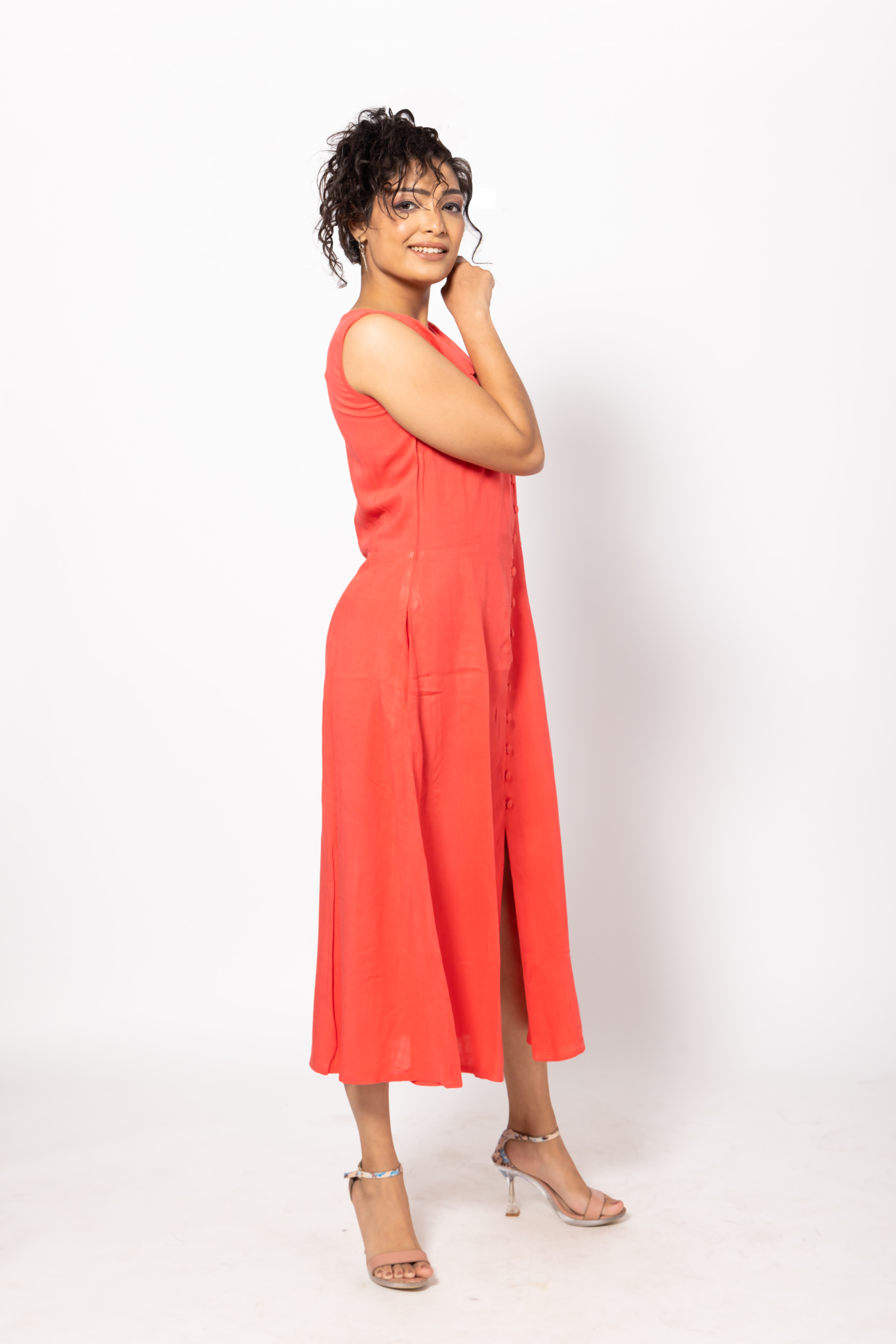 Buttoned A-Lined Coral Fitted Dress