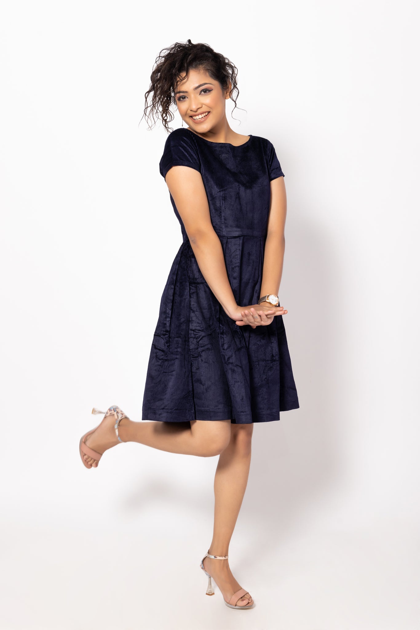 Navy Blue Box Pleated Corduroy Dress with a Boat Neck