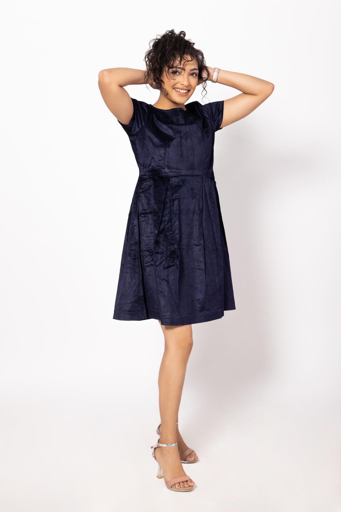 Navy Blue Box Pleated Corduroy Dress with a Boat Neck