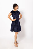 Navy Blue Box Pleated Corduroy Dress with a Boat Neck