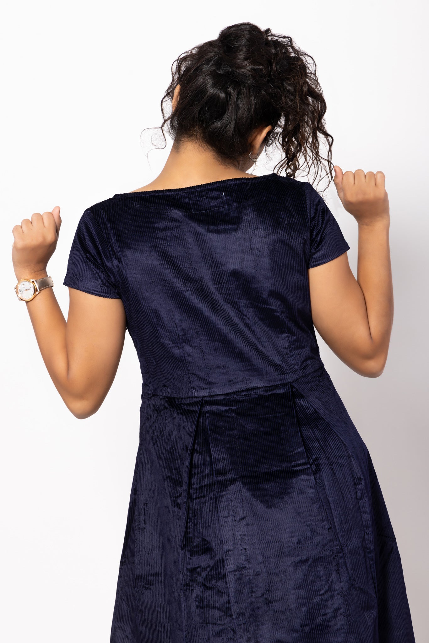 Navy Blue Box Pleated Corduroy Dress with a Boat Neck