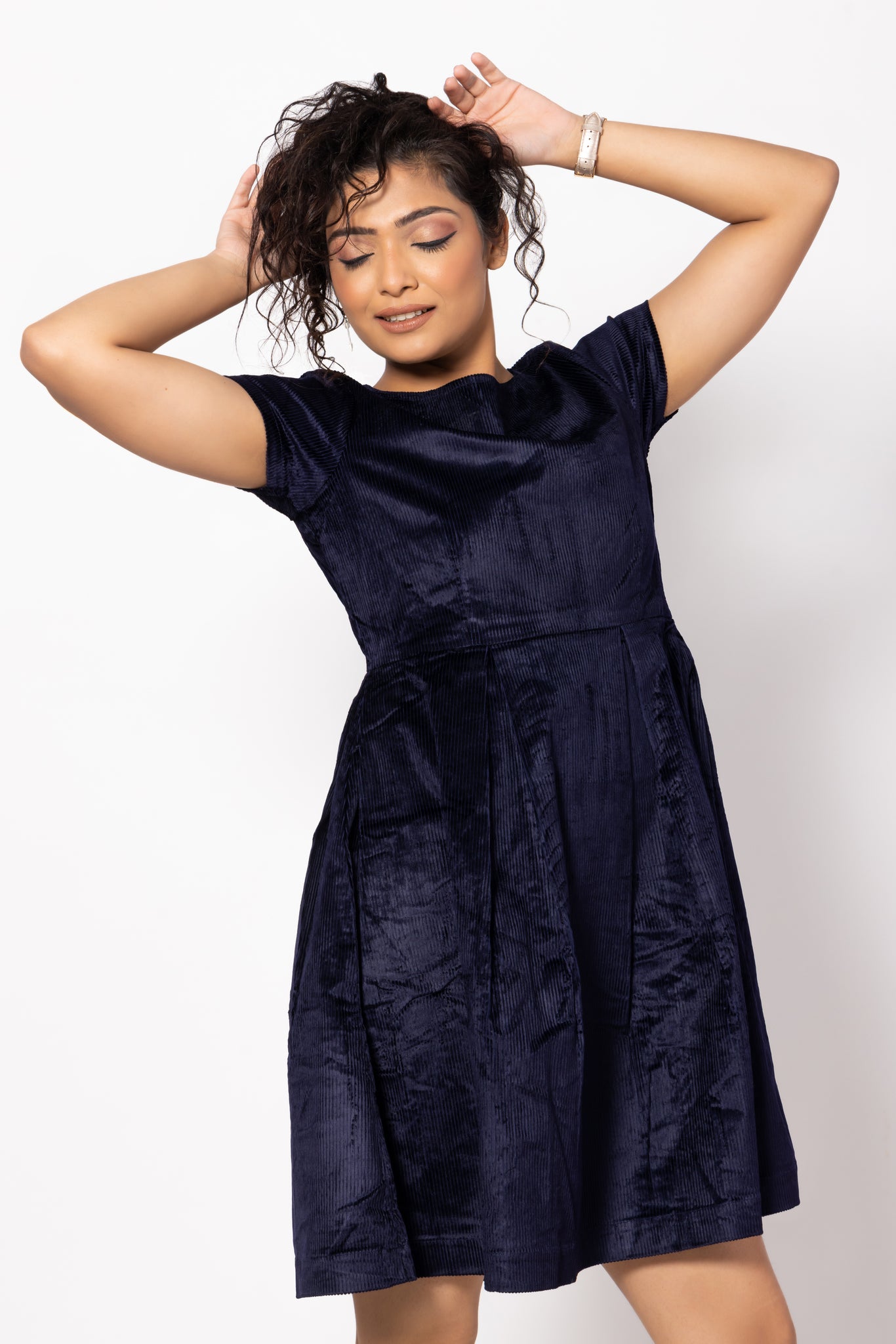 Navy Blue Box Pleated Corduroy Dress with a Boat Neck