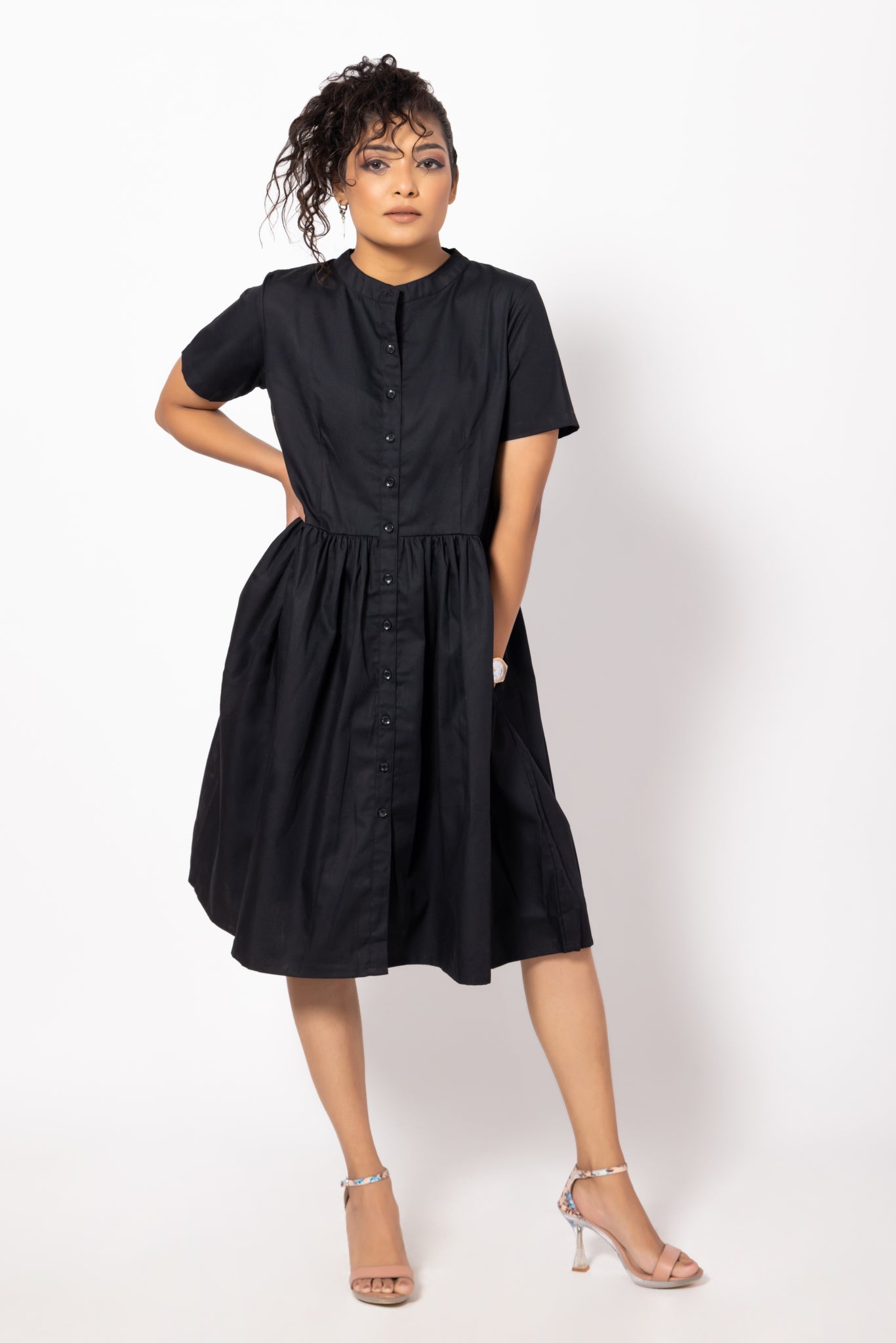 Buttoned Black Gathered Pocket Dress