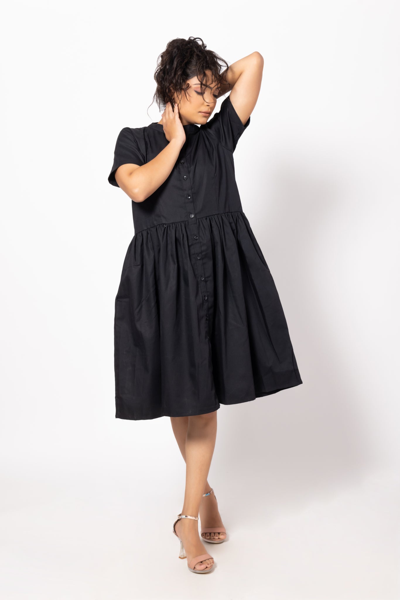 Buttoned Black Gathered Pocket Dress