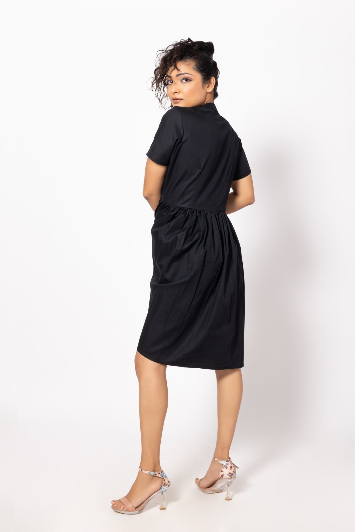 Buttoned Black Gathered Pocket Dress