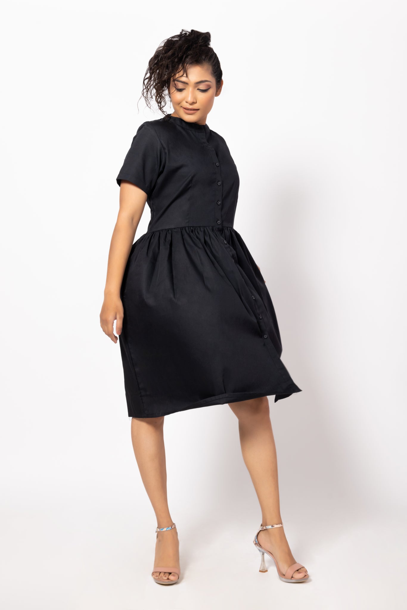 Buttoned Black Gathered Pocket Dress