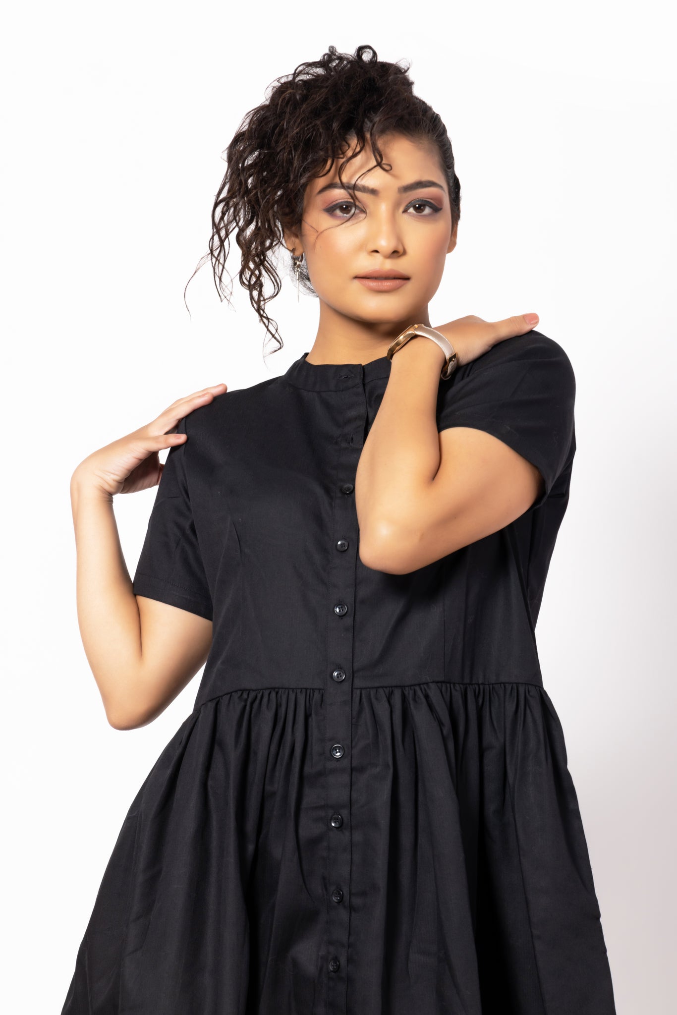 Buttoned Black Gathered Pocket Dress