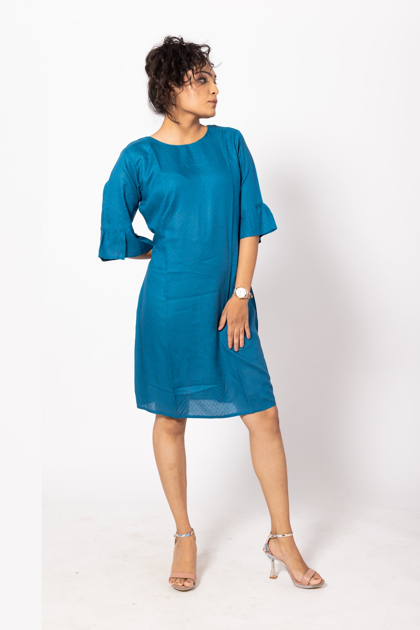 Simple Blue Dress with Bell Shaped Sleeves