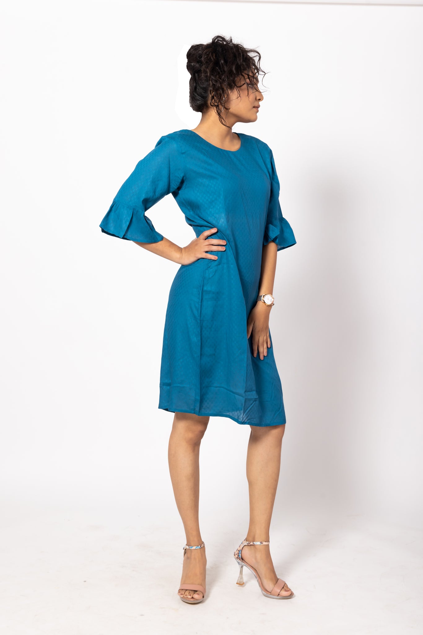 Simple Blue Dress with Bell Shaped Sleeves