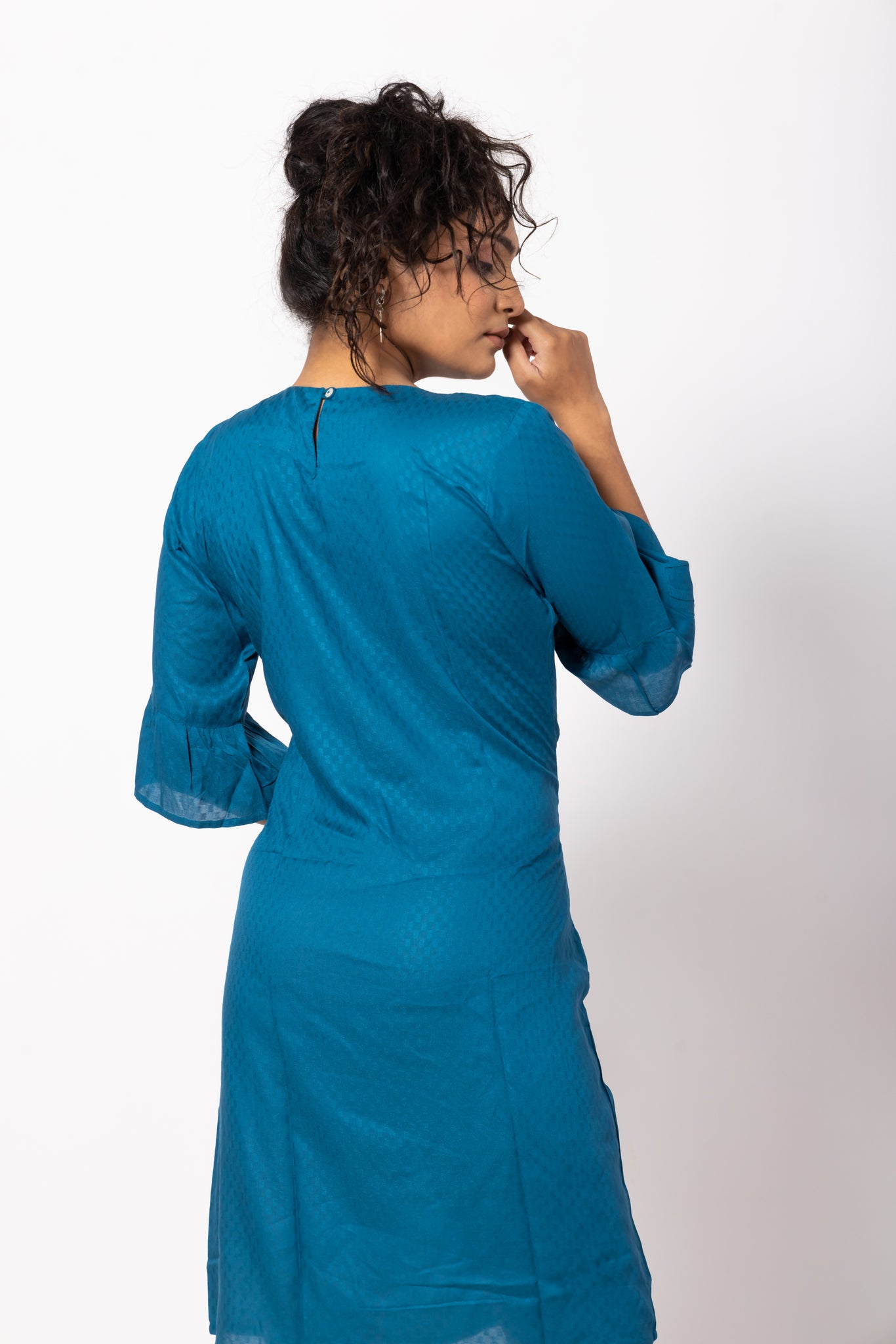 Simple Blue Dress with Bell Shaped Sleeves