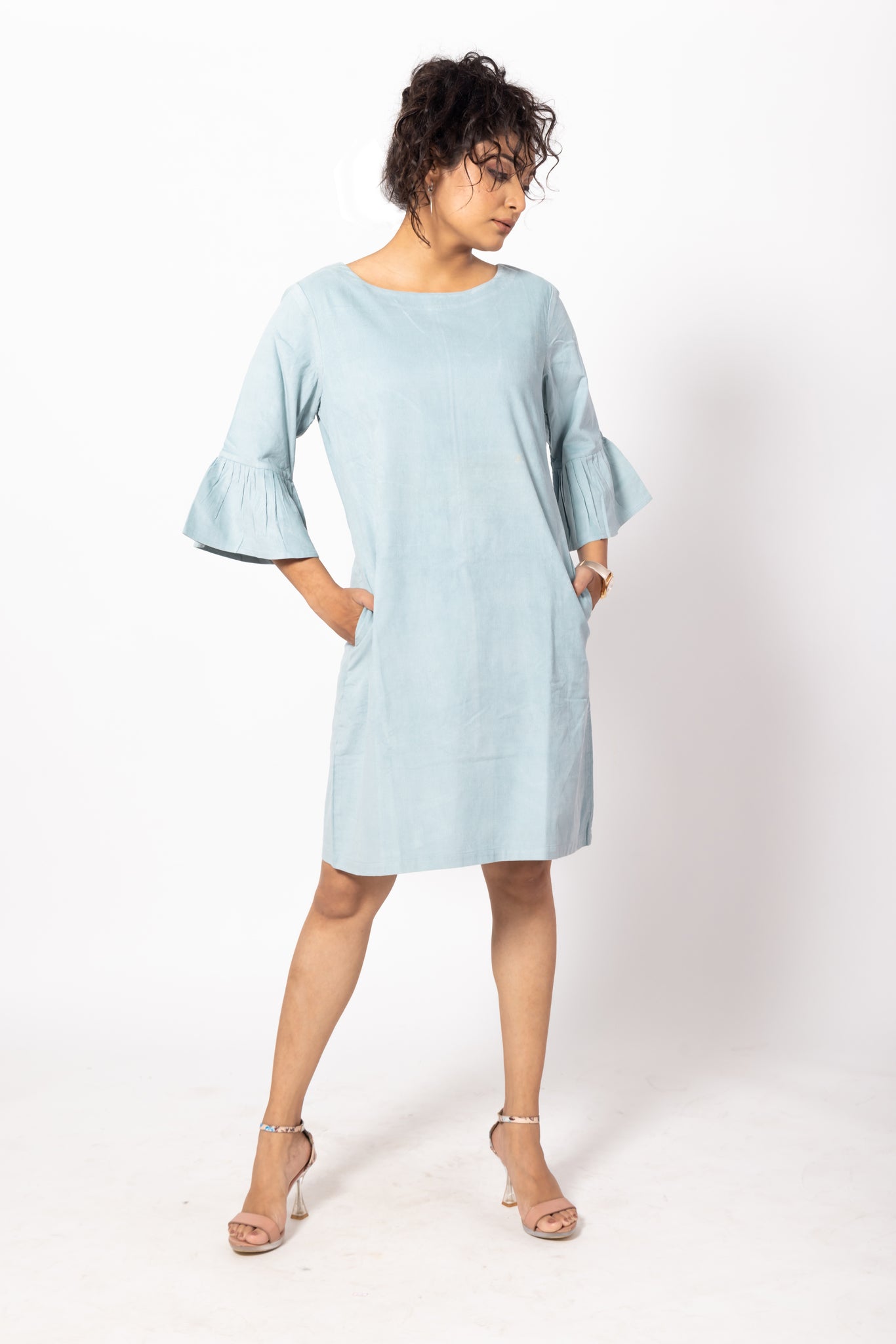 Sky Blue Boat Necked Corduroy Dress with Bell Sleeves