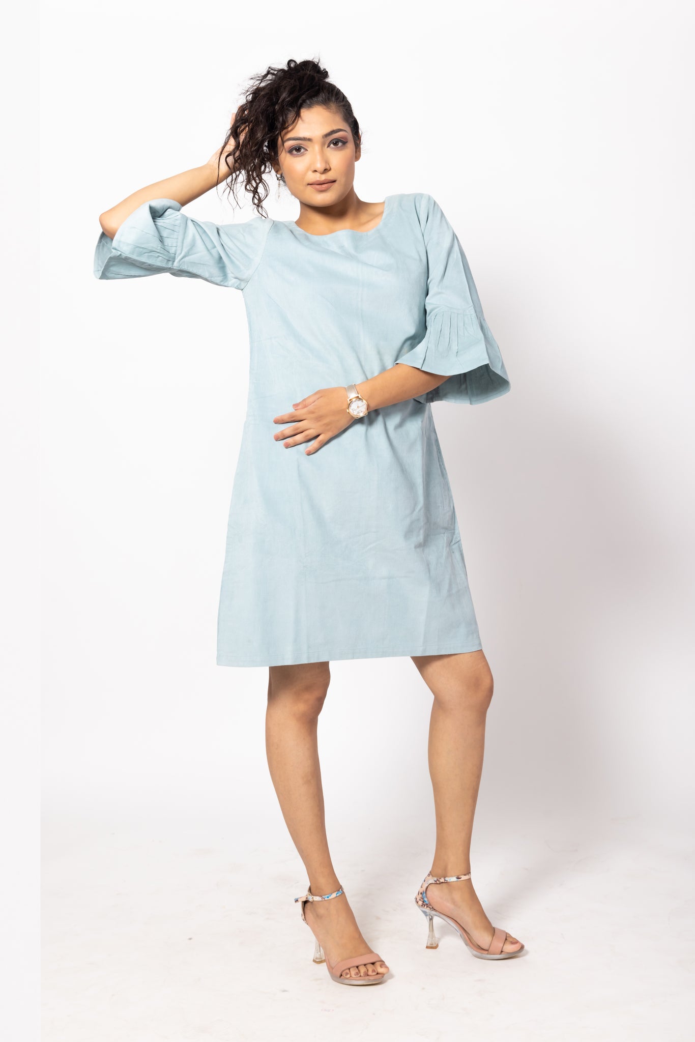 Sky Blue Boat Necked Corduroy Dress with Bell Sleeves