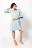 Sky Blue Boat Necked Corduroy Dress with Bell Sleeves