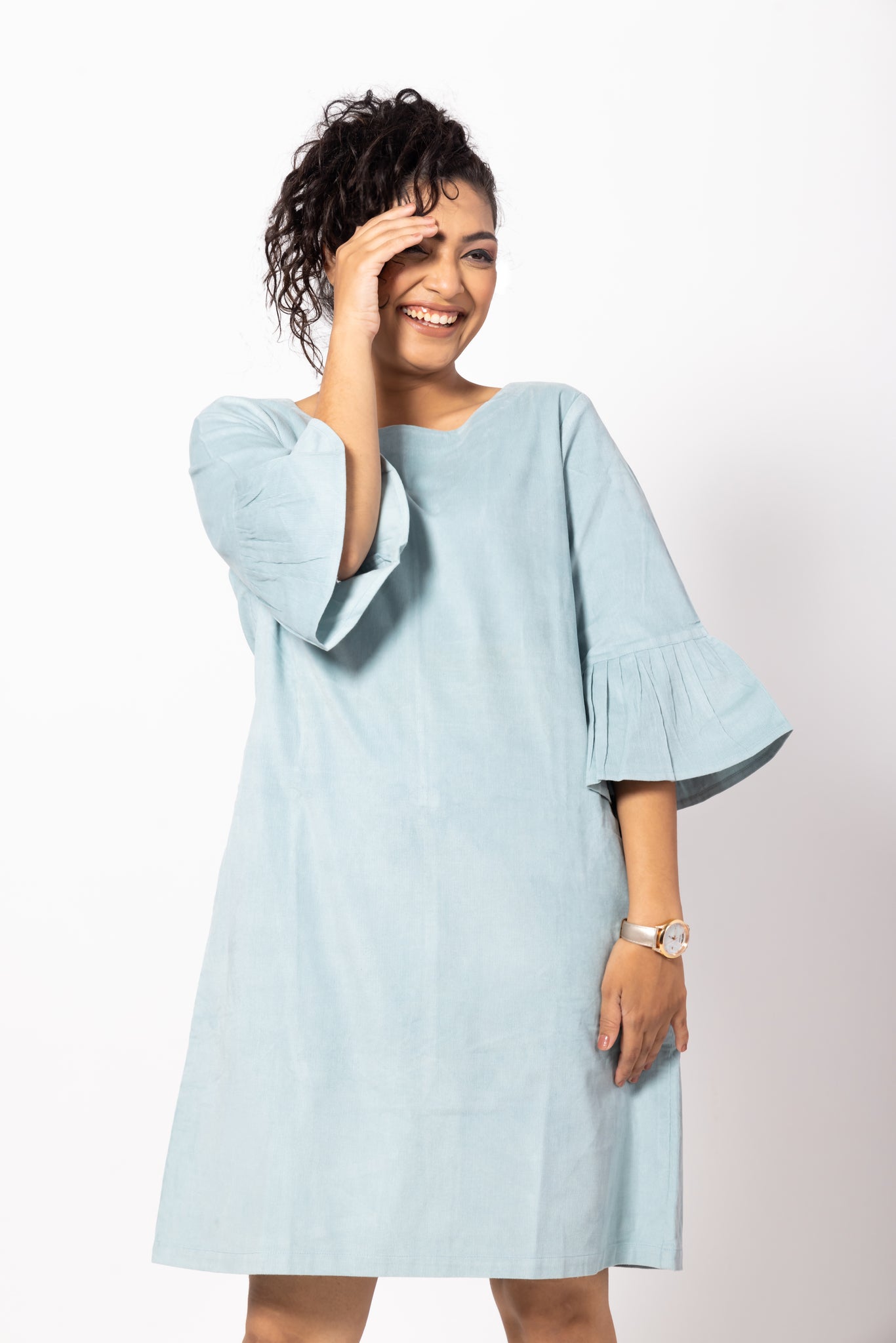 Sky Blue Boat Necked Corduroy Dress with Bell Sleeves