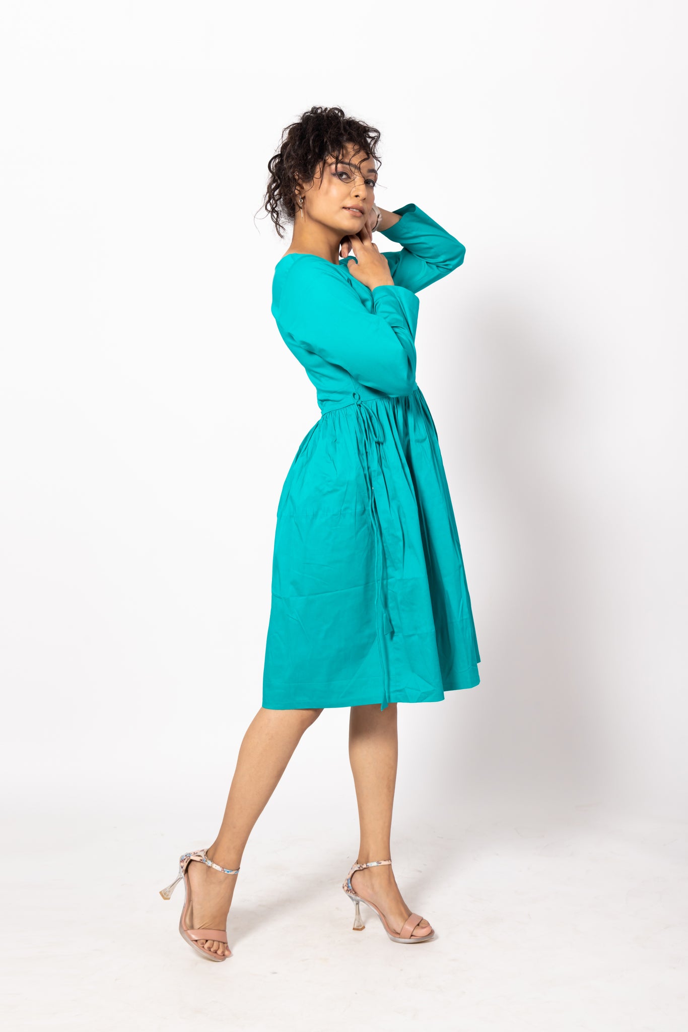 Green Gathered Cotton Dress with  Dori