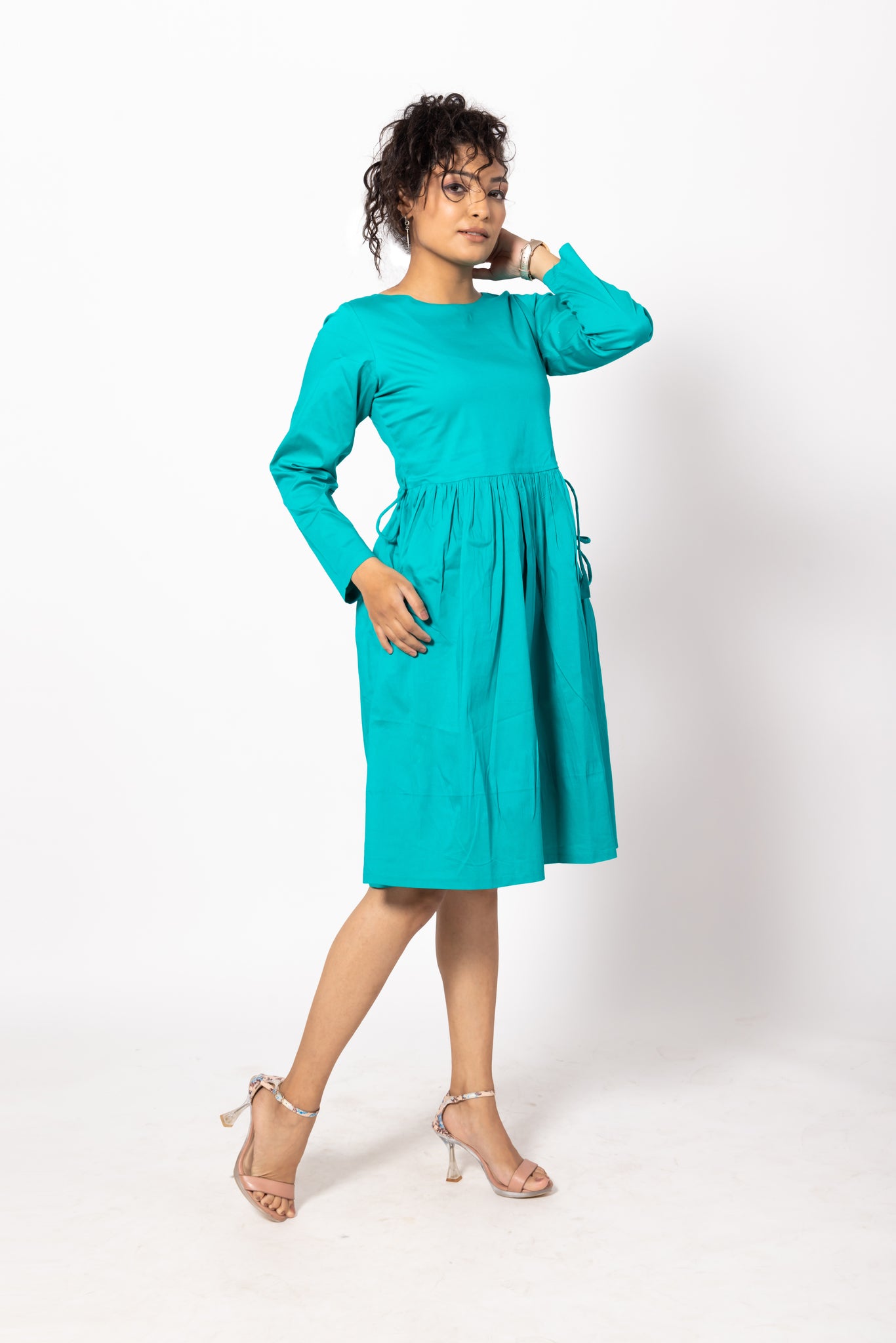 Green Gathered Cotton Dress with  Dori