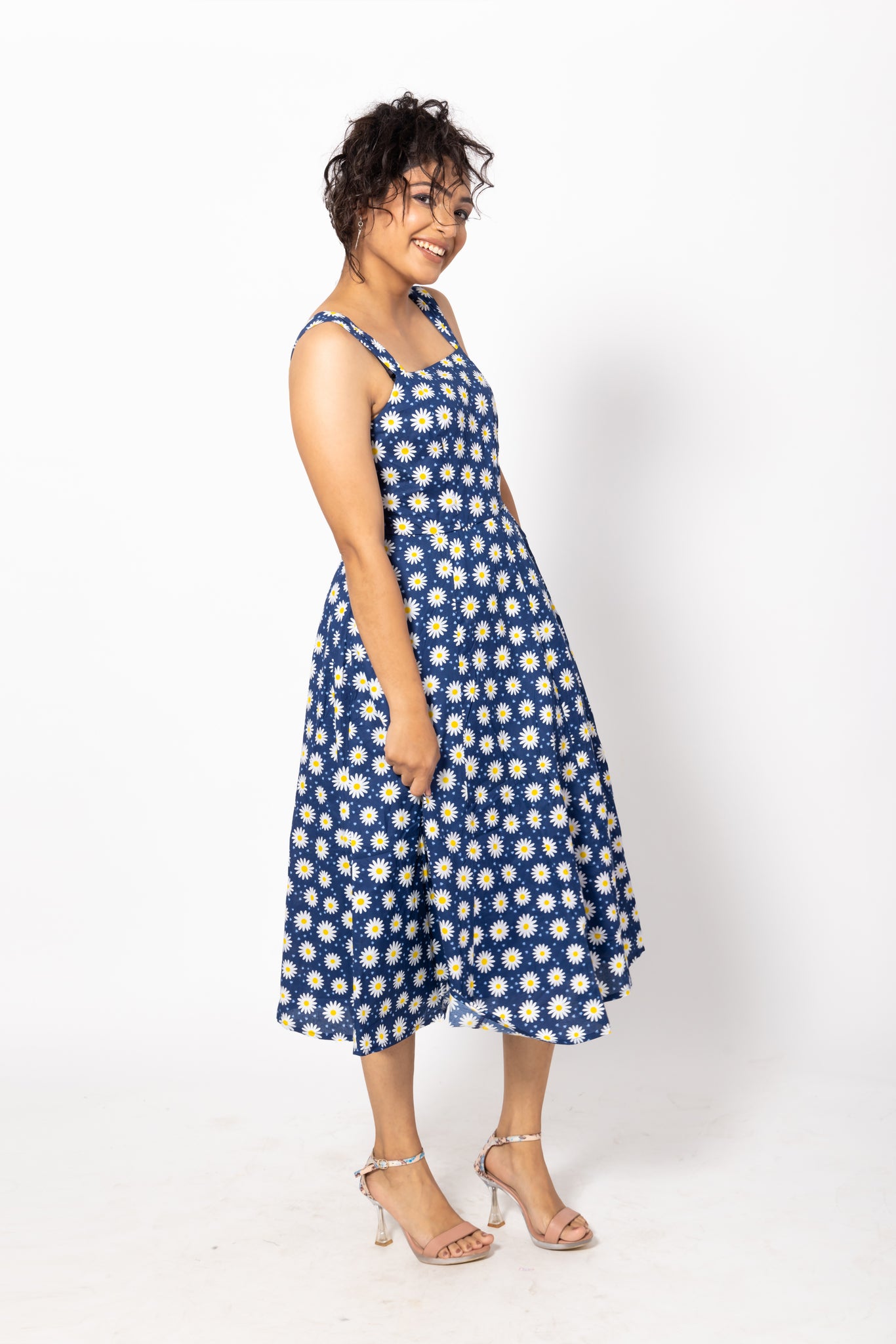 Blue Daisy Flounce Summer Dress with Straps