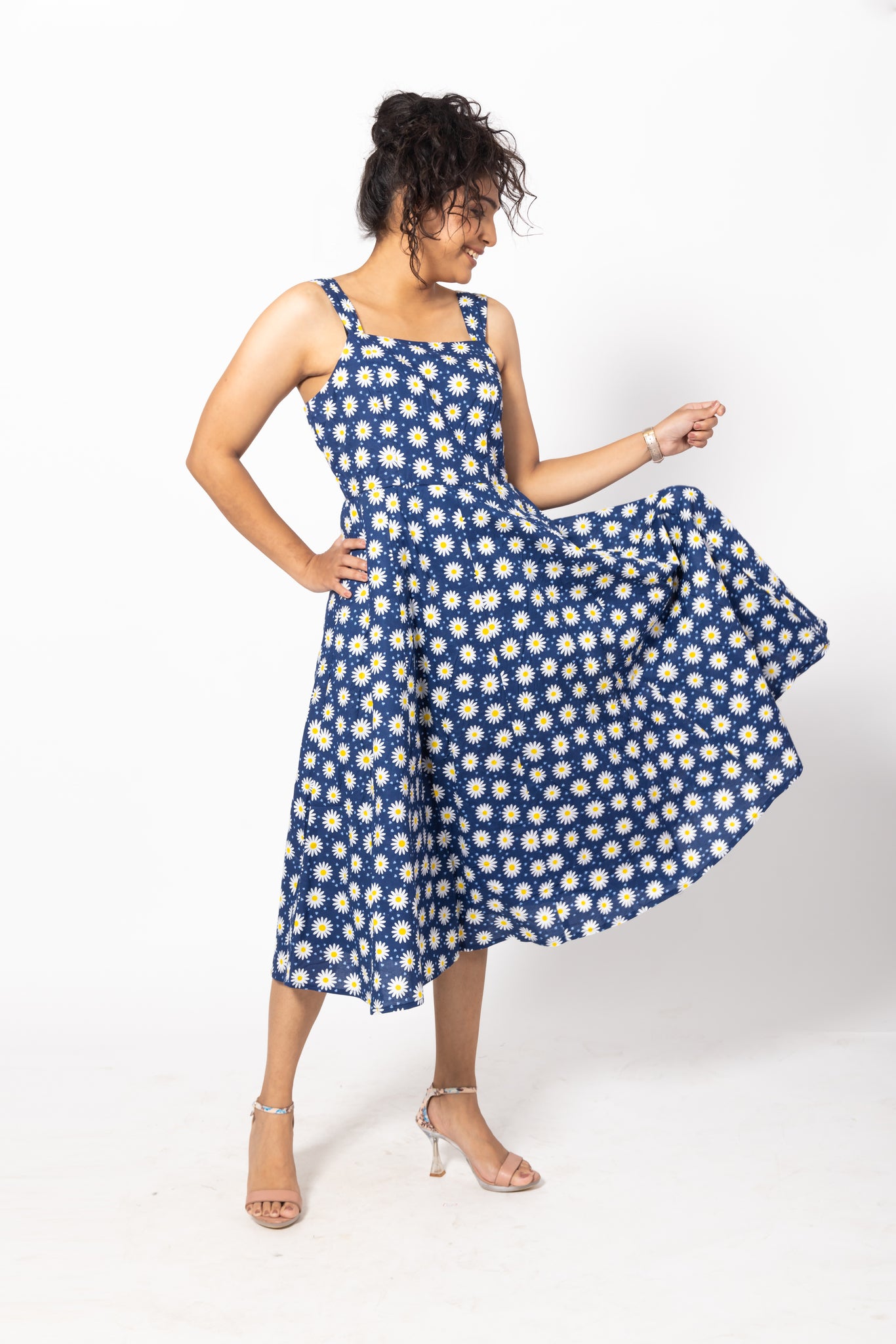 Blue Daisy Flounce Summer Dress with Straps