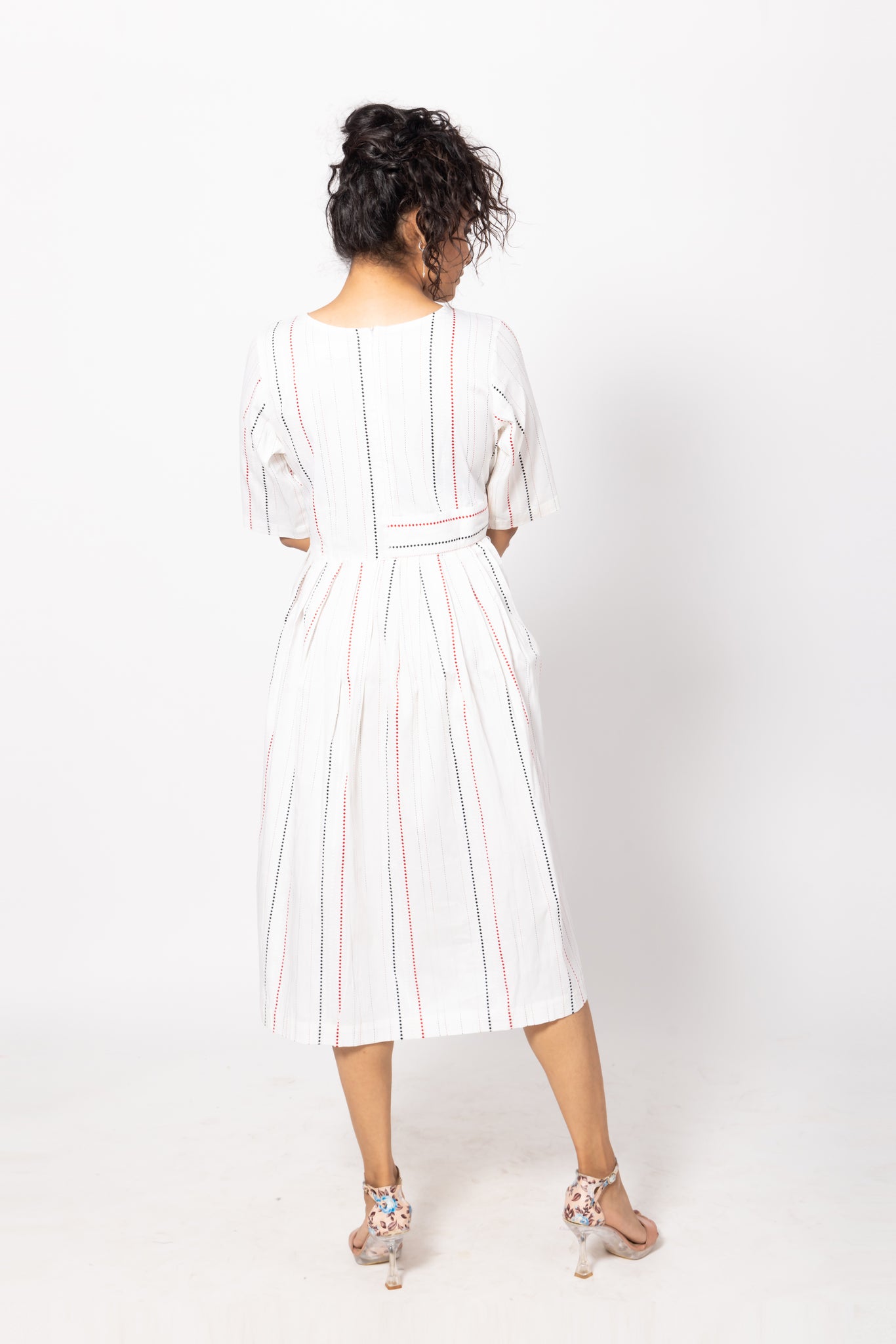 Striped Knife Pleated White Dress with a Belt