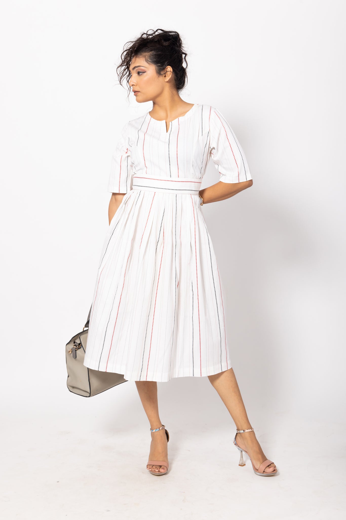 Striped Knife Pleated White Dress with a Belt