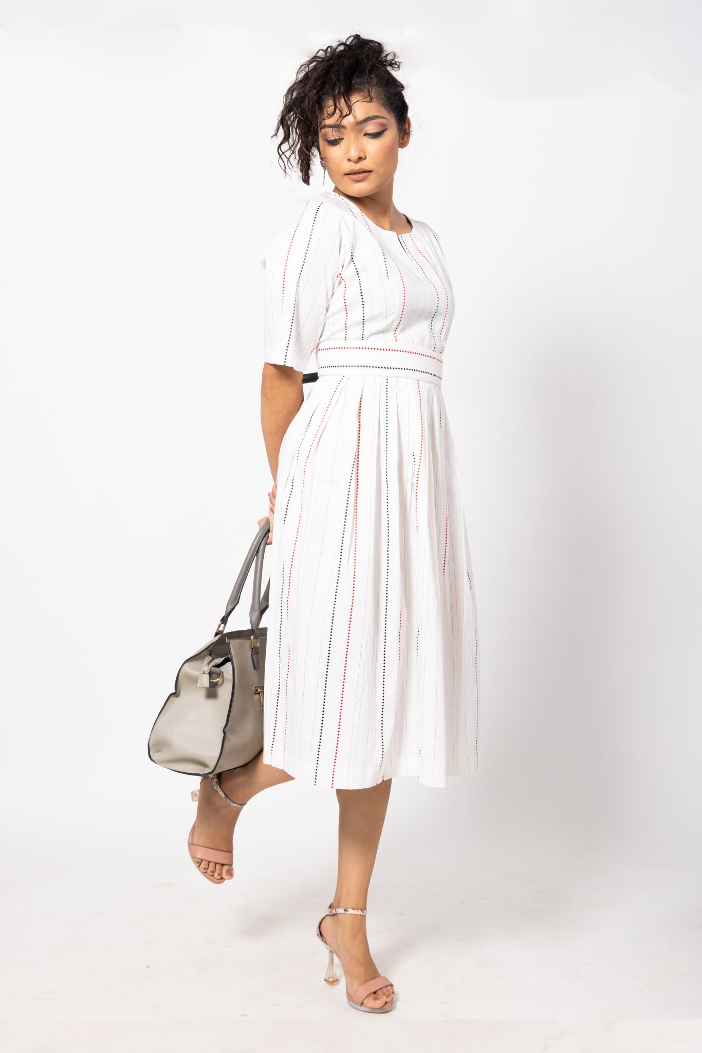 Striped Knife Pleated White Dress with a Belt