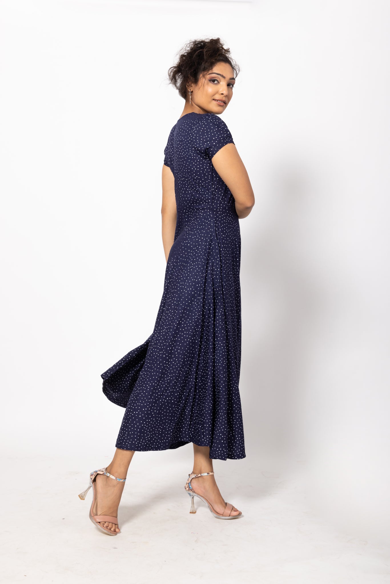 Polka Dotted Navy Blue Maxi Dress with a Deep V-Neck