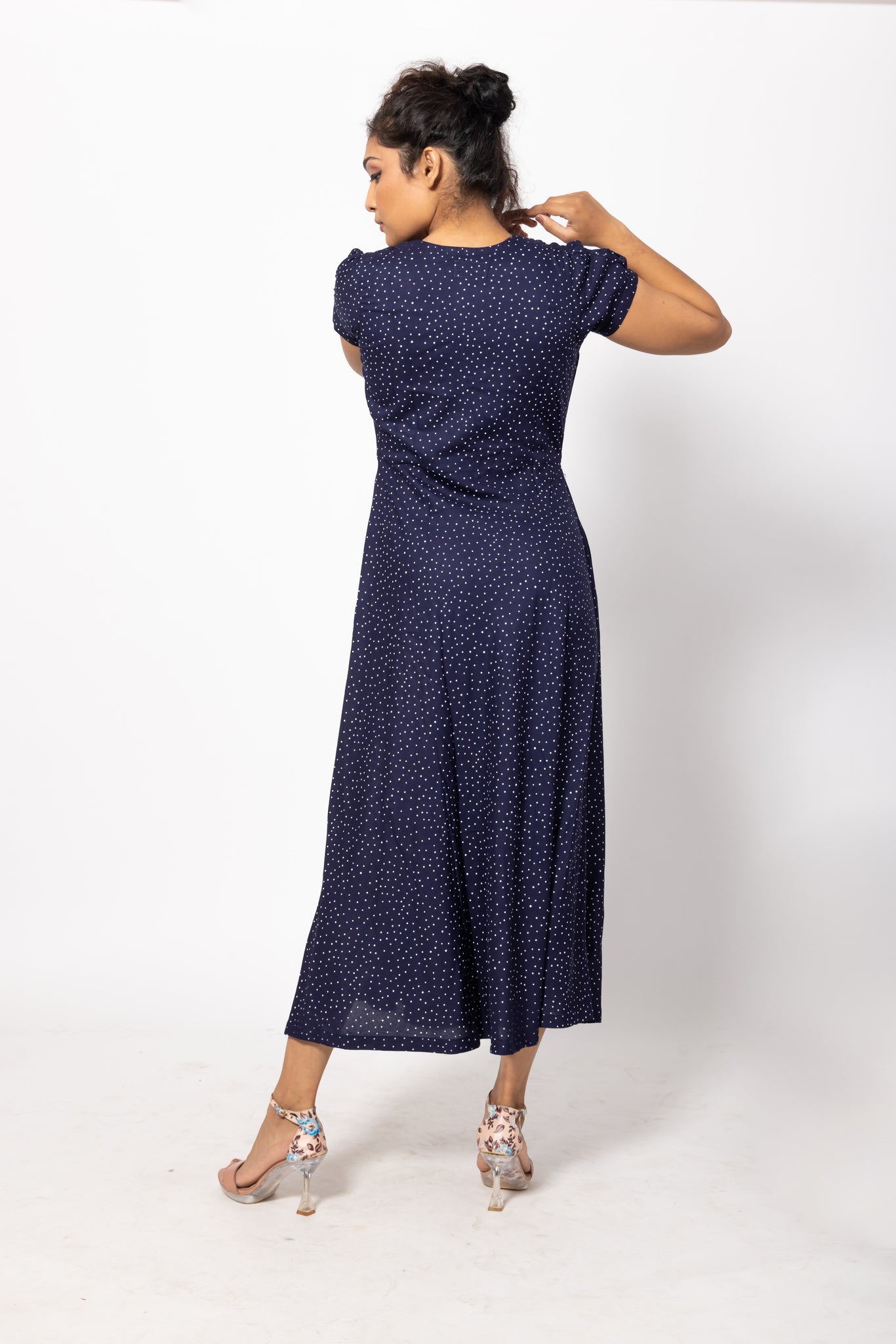 Polka Dotted Navy Blue Maxi Dress with a Deep V-Neck