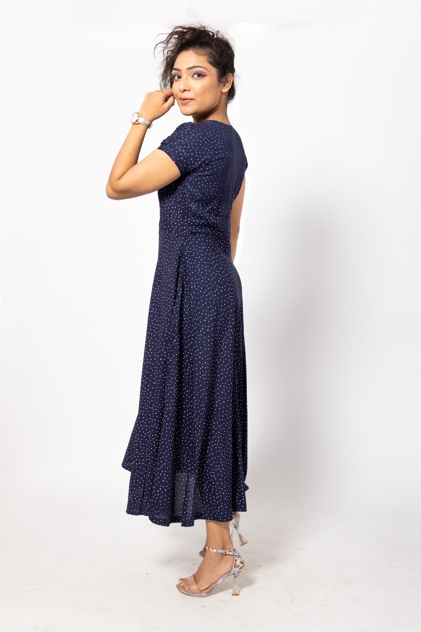 Polka Dotted Navy Blue Maxi Dress with a Deep V-Neck