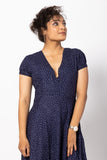 Polka Dotted Navy Blue Maxi Dress with a Deep V-Neck