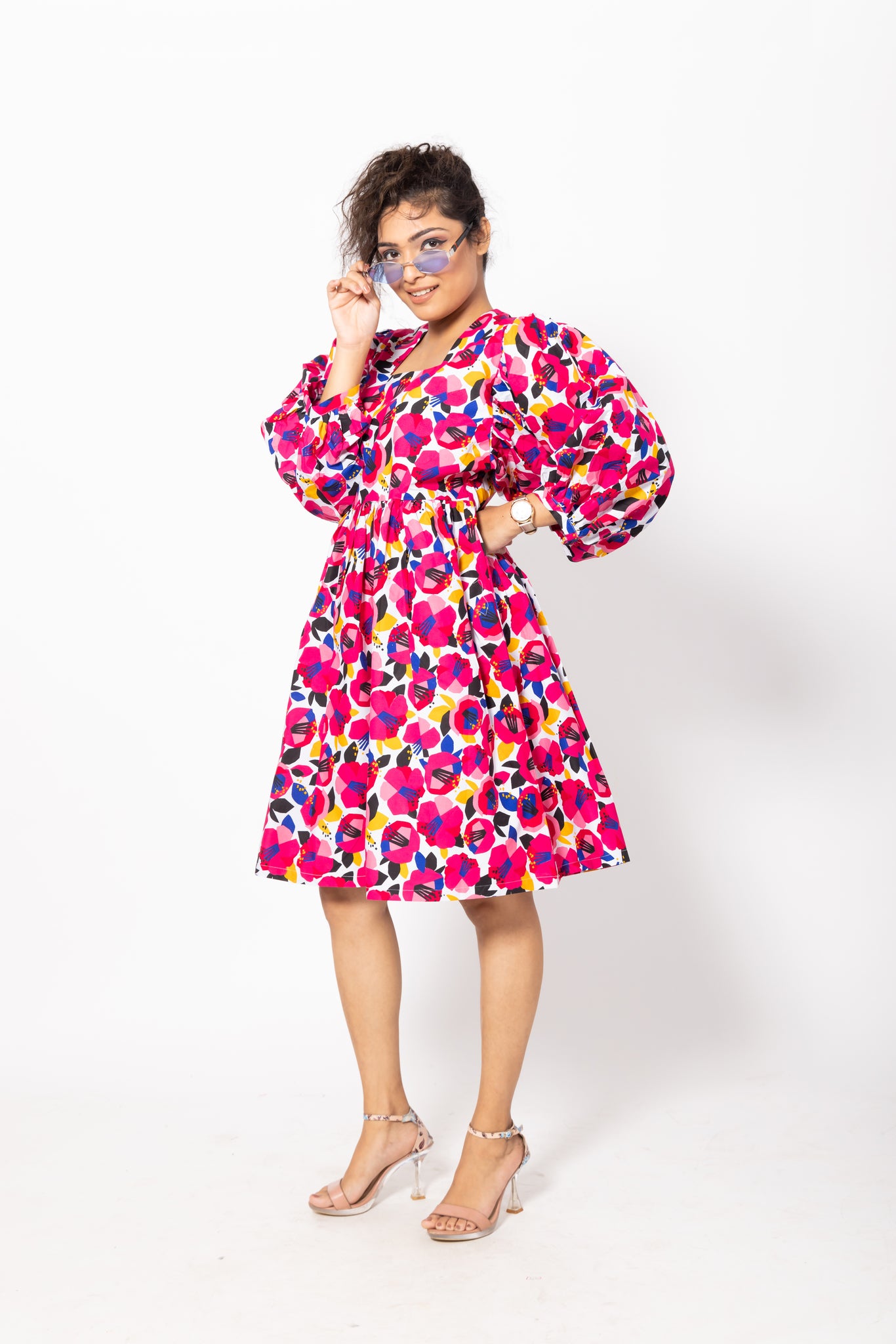 Floral Printed Bishop Sleeves Poplin Dress