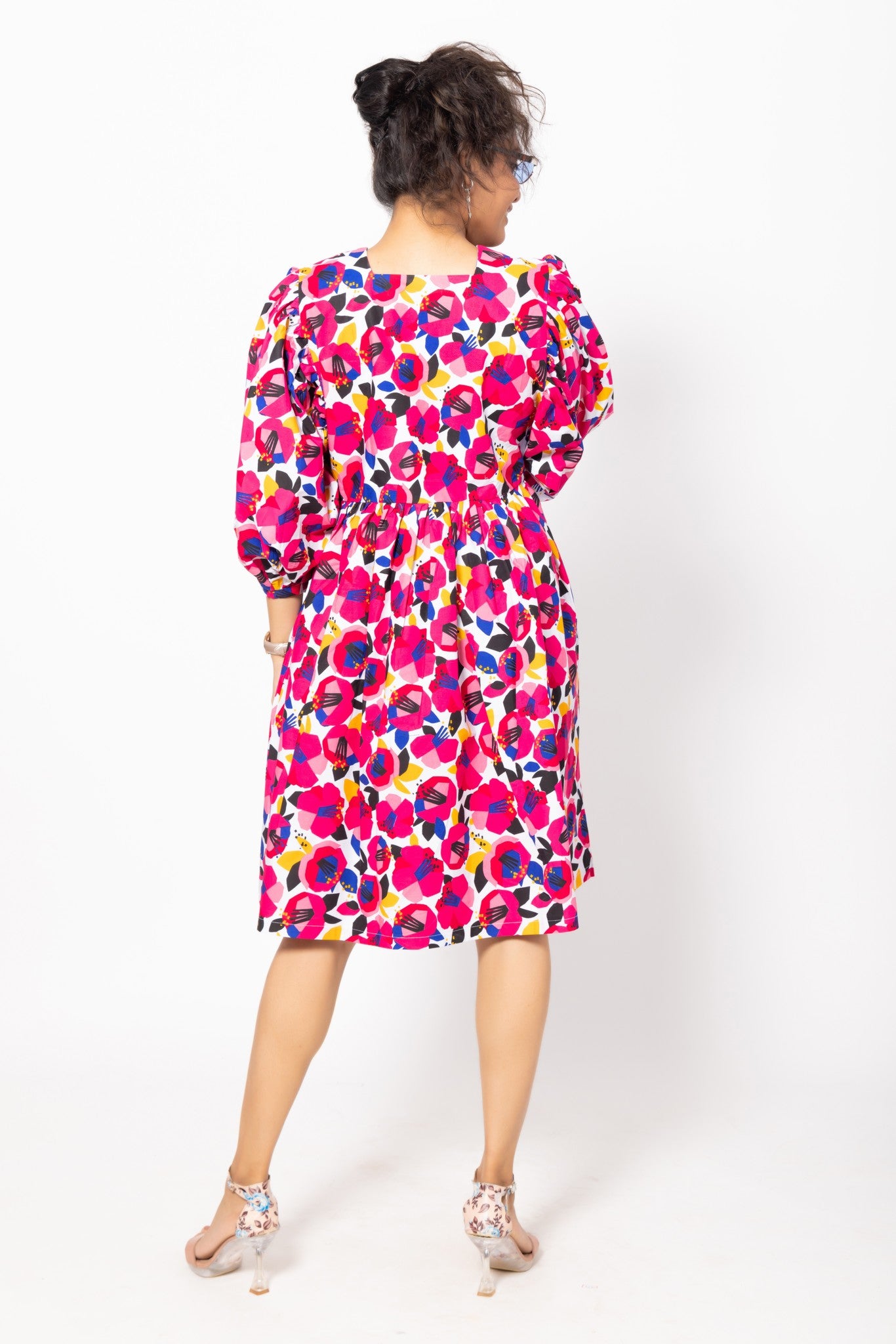 Floral Printed Bishop Sleeves Poplin Dress