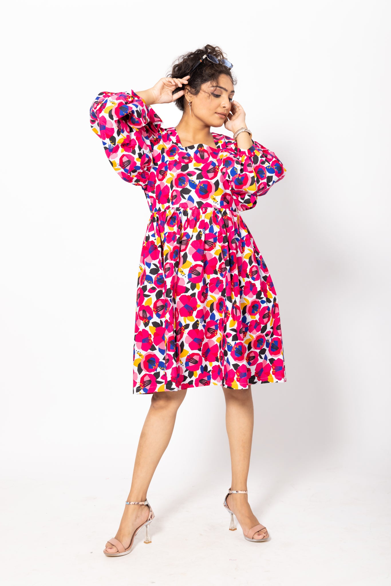 Floral Printed Bishop Sleeves Poplin Dress