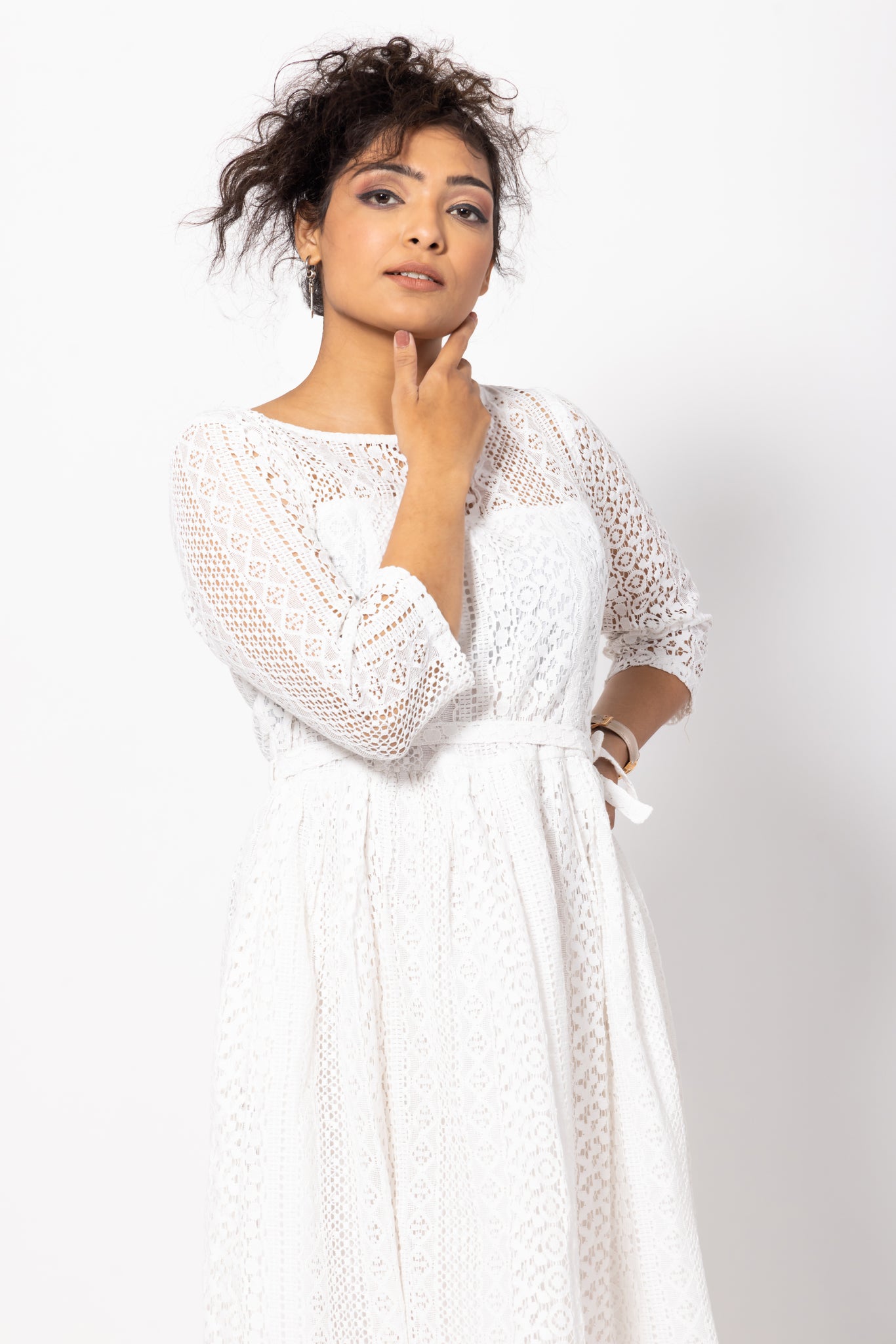 White Lace Boat Necked Dress with a Belt