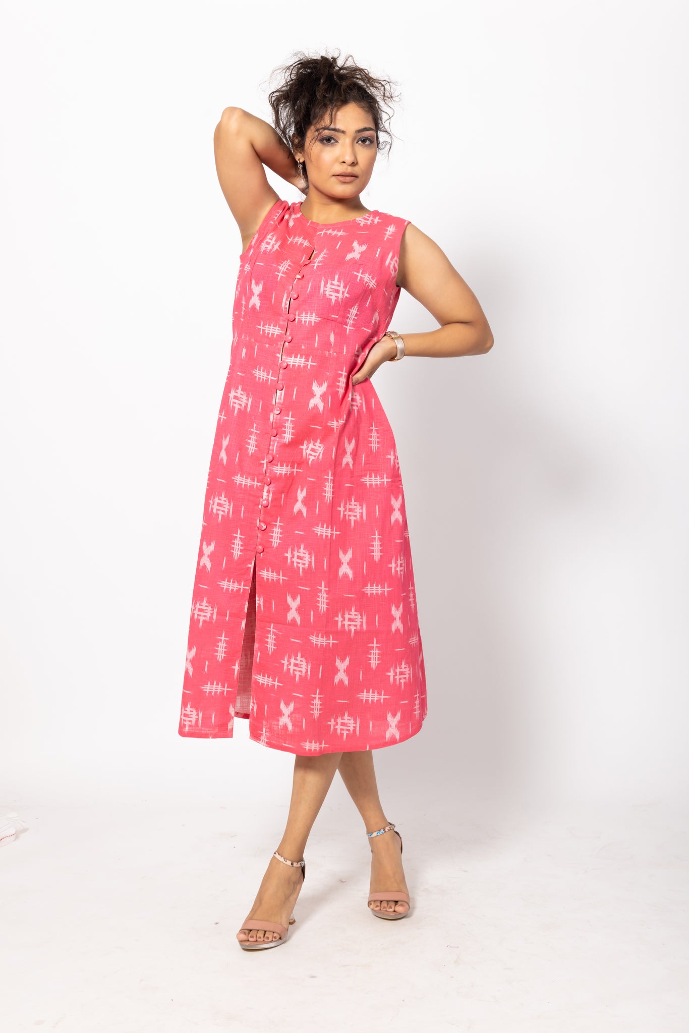 Buttoned A-Lined Pink Cotton Dress