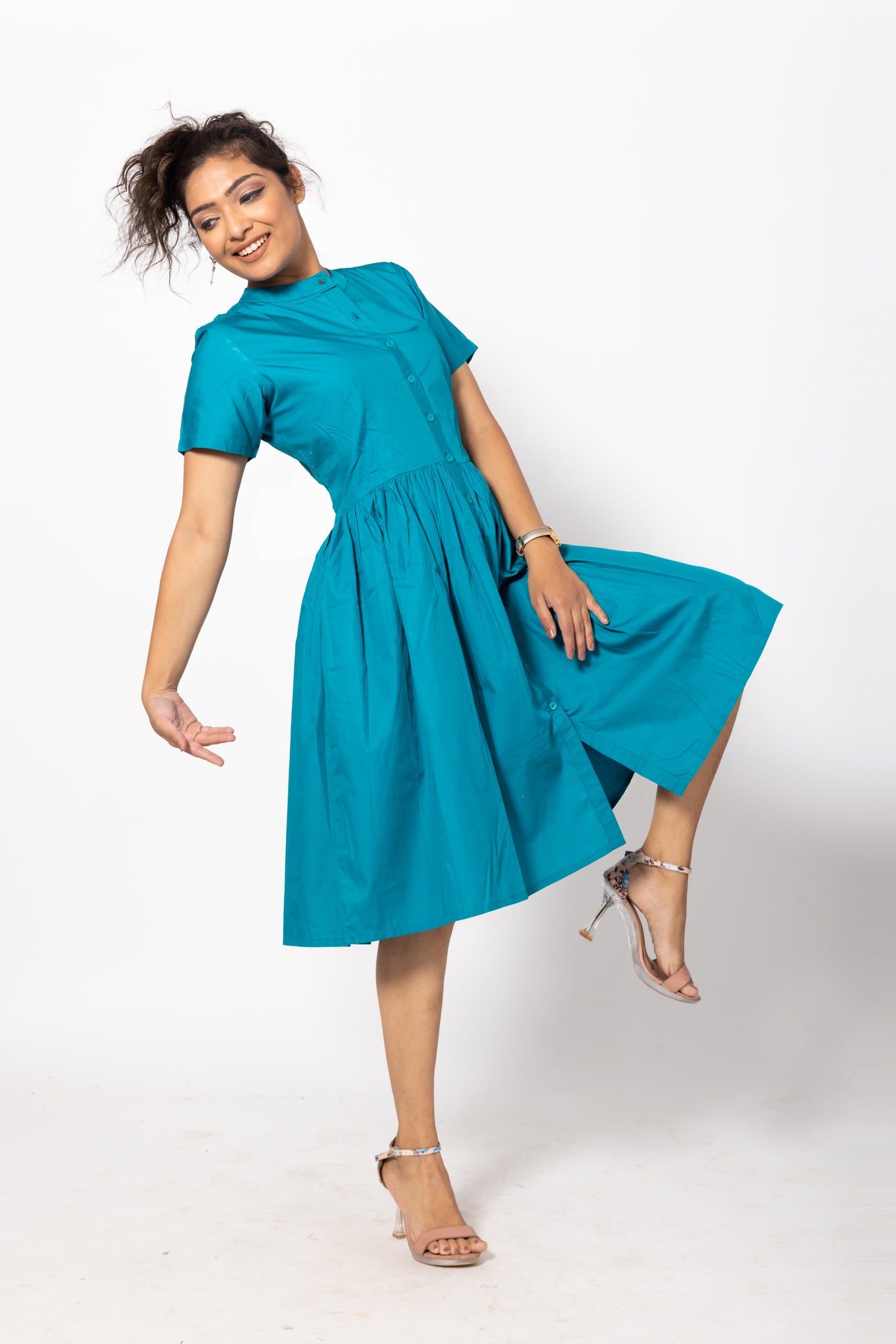 Buttoned Aqua Blue Gathered Pocket Dress