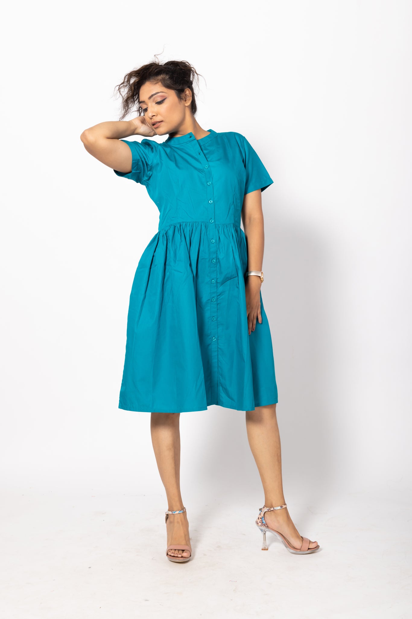 Buttoned Aqua Blue Gathered Pocket Dress