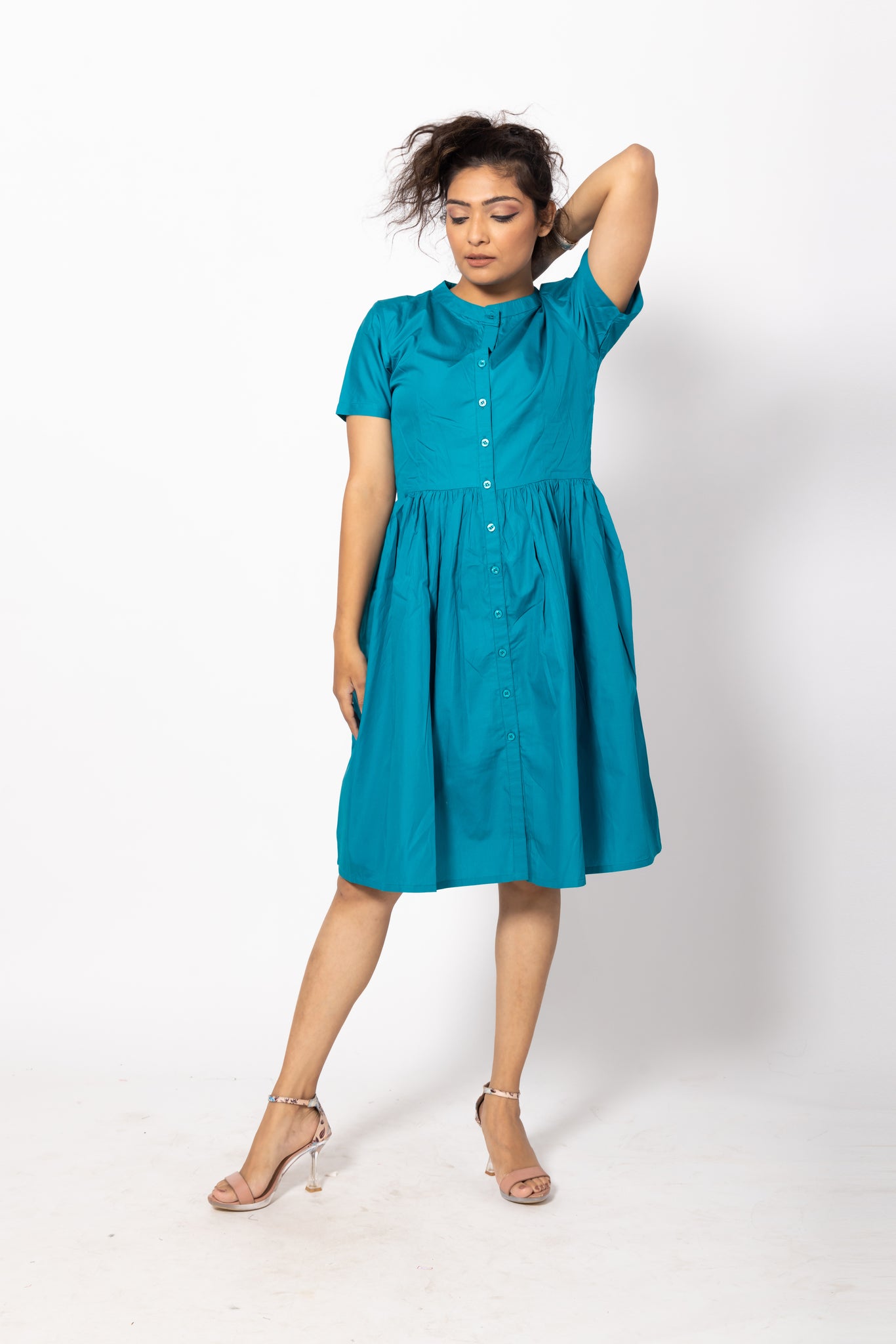 Buttoned Aqua Blue Gathered Pocket Dress