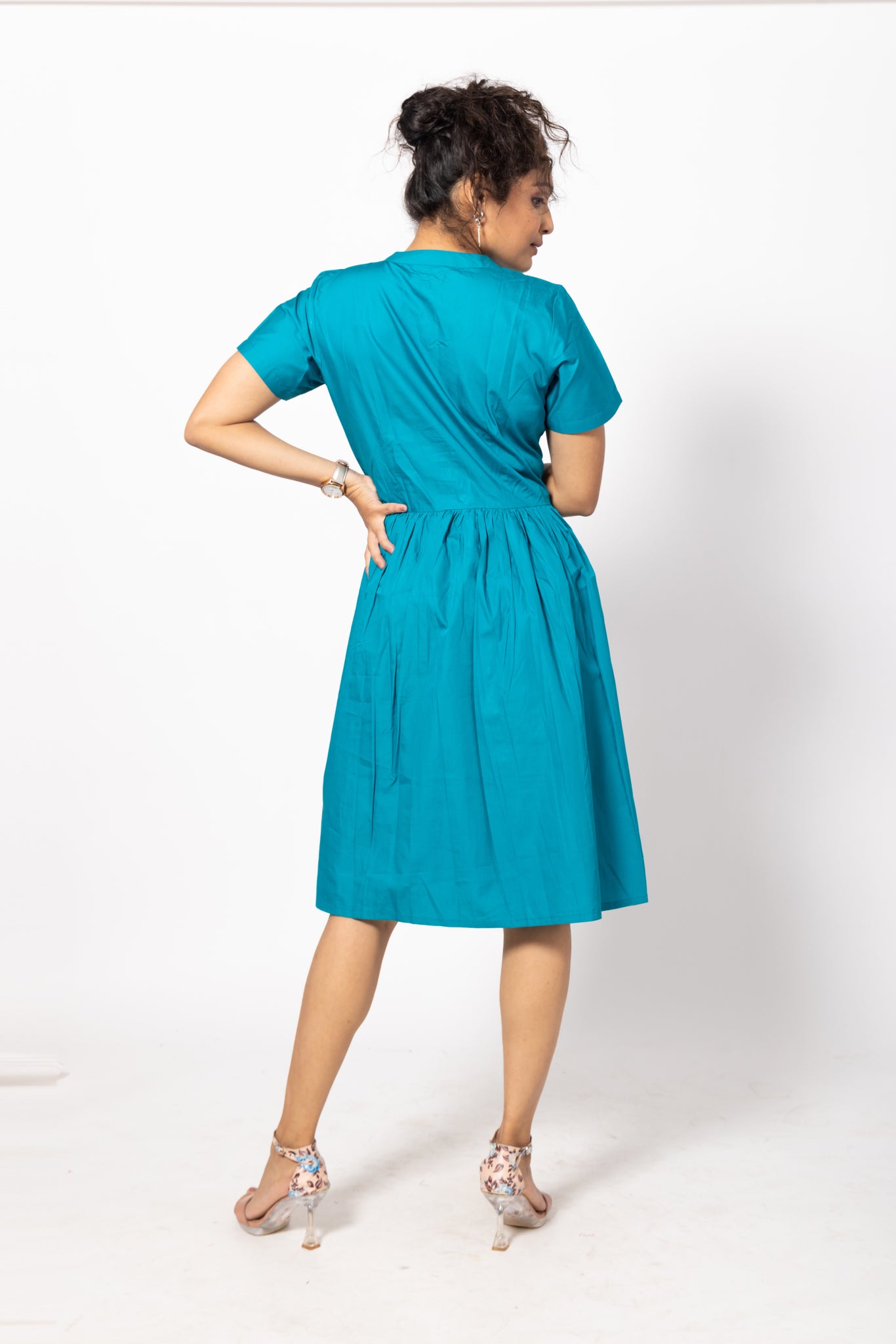 Buttoned Aqua Blue Gathered Pocket Dress