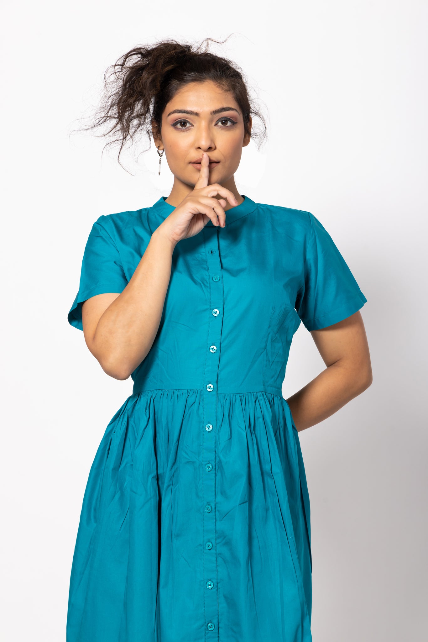 Buttoned Aqua Blue Gathered Pocket Dress