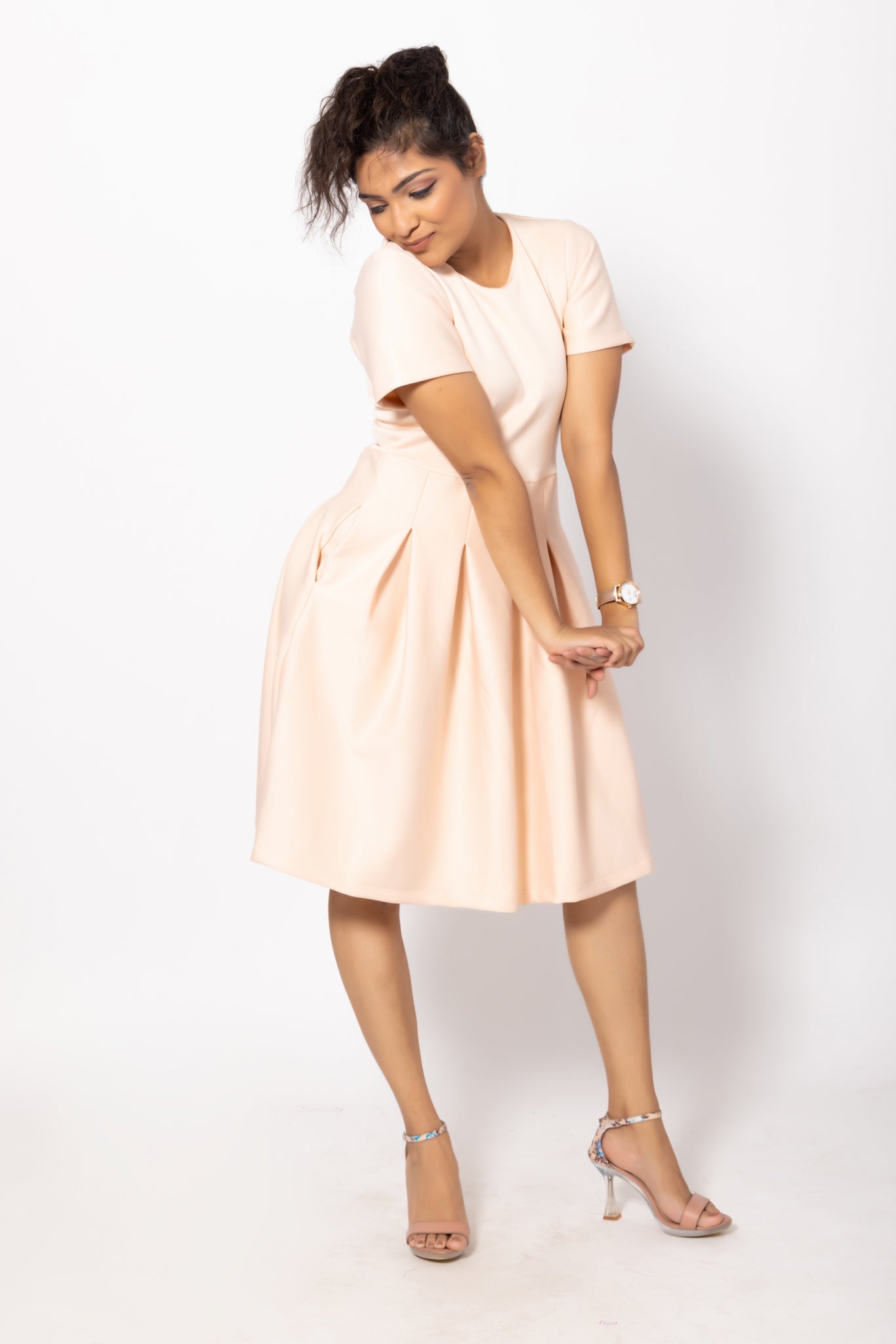 Peach Tuck Pleated Dress with Side Pockets