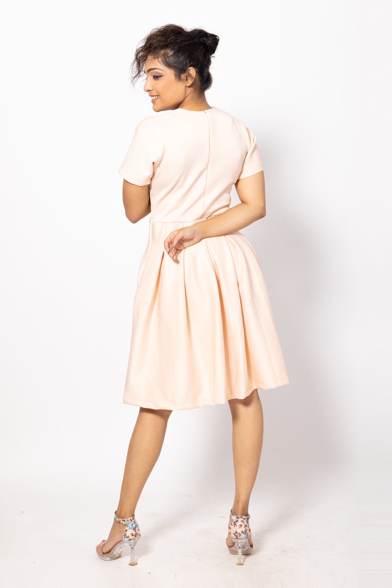 Peach Tuck Pleated Dress with Side Pockets