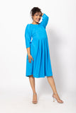 Bright Sky Blue Block Pleated Dress with Puffed Sleeves