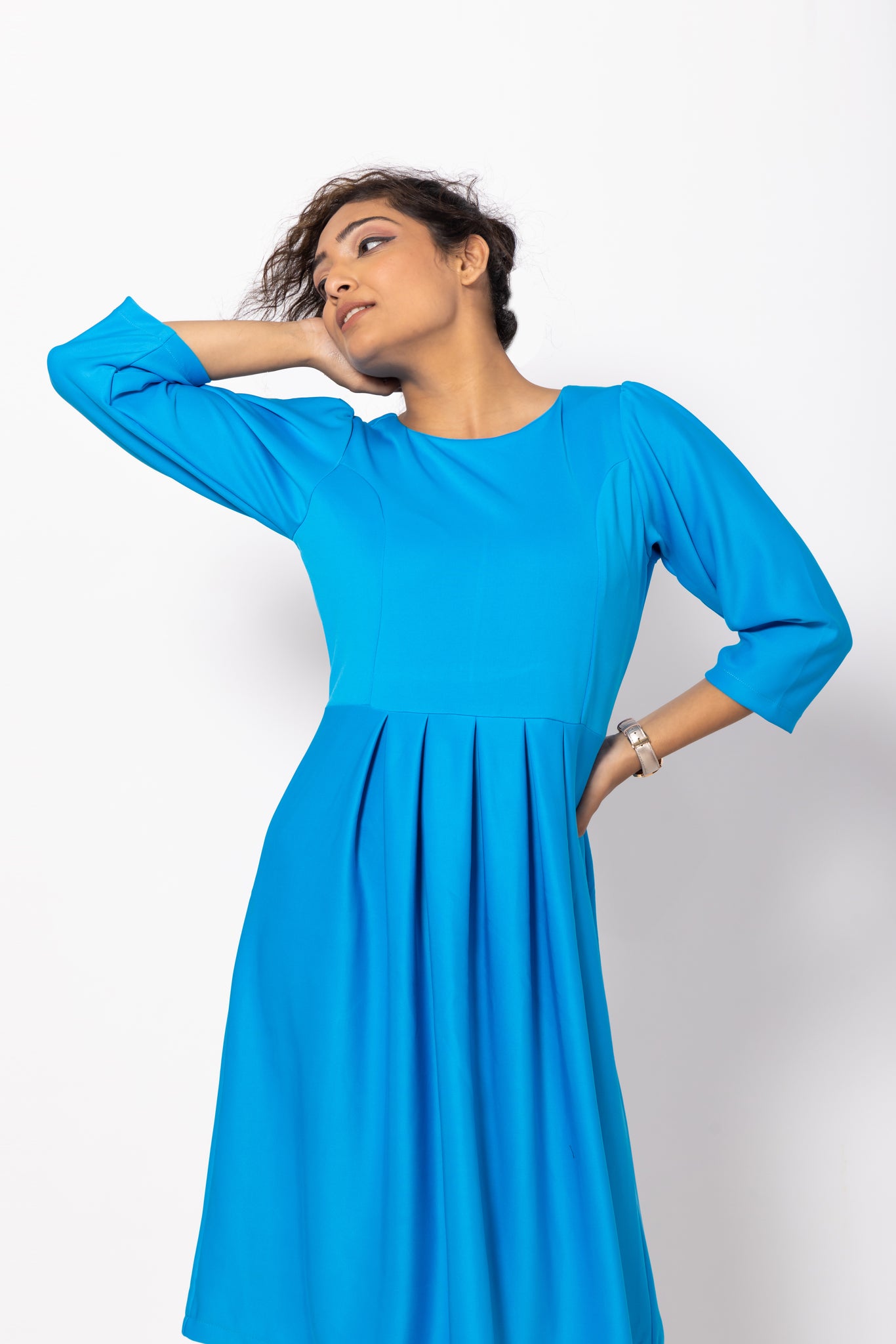 Bright Sky Blue Block Pleated Dress with Puffed Sleeves