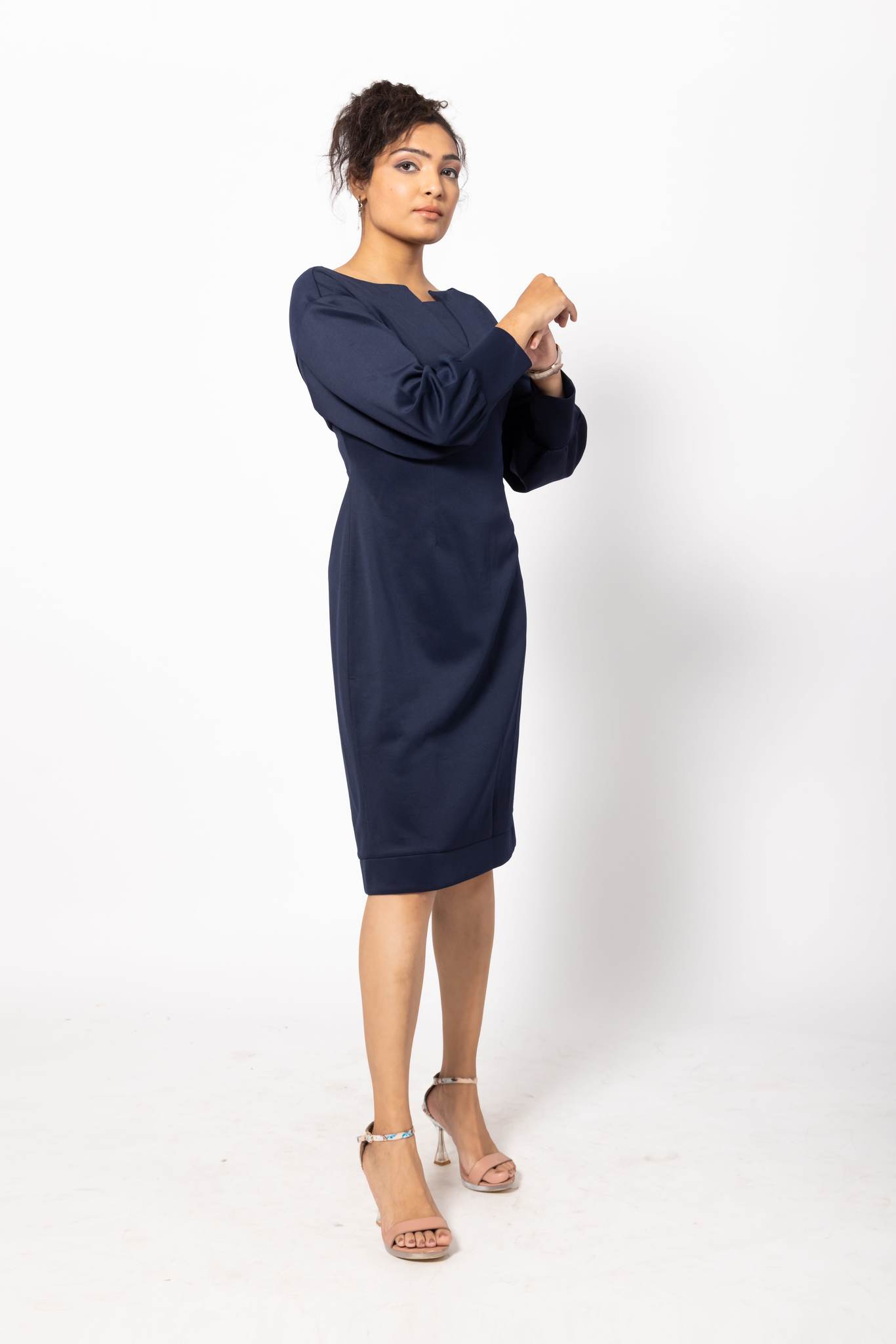 Navy Blue Bodycon Fitted Dress with Cuffed Sleeves