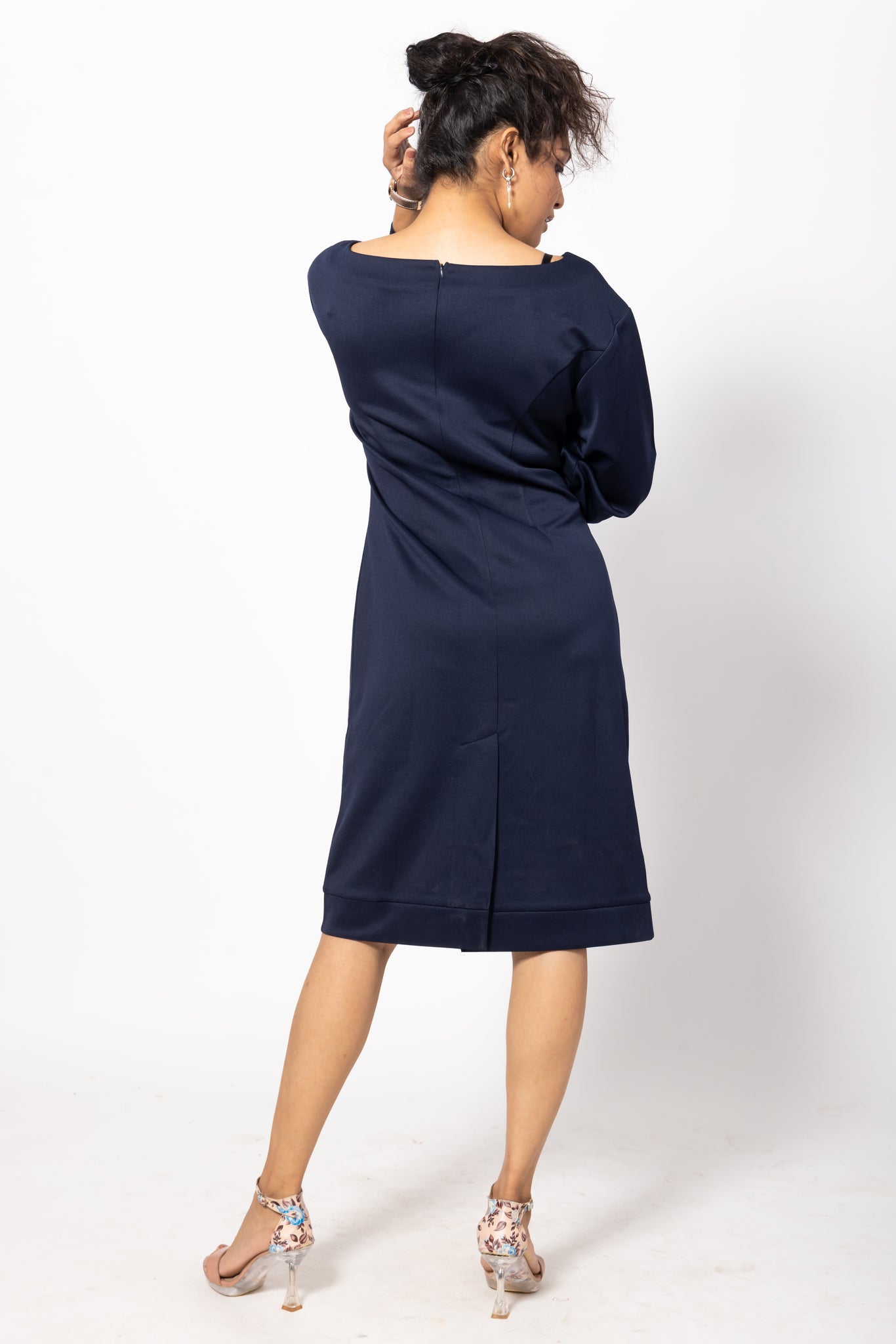 Navy Blue Bodycon Fitted Dress with Cuffed Sleeves