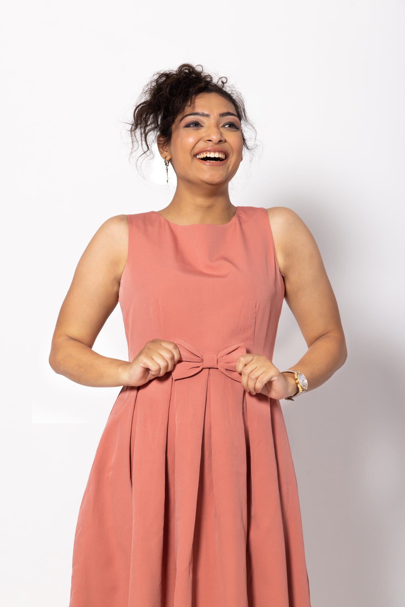 Blush Pink Box Pleated Sleeveless Dress with a Bow