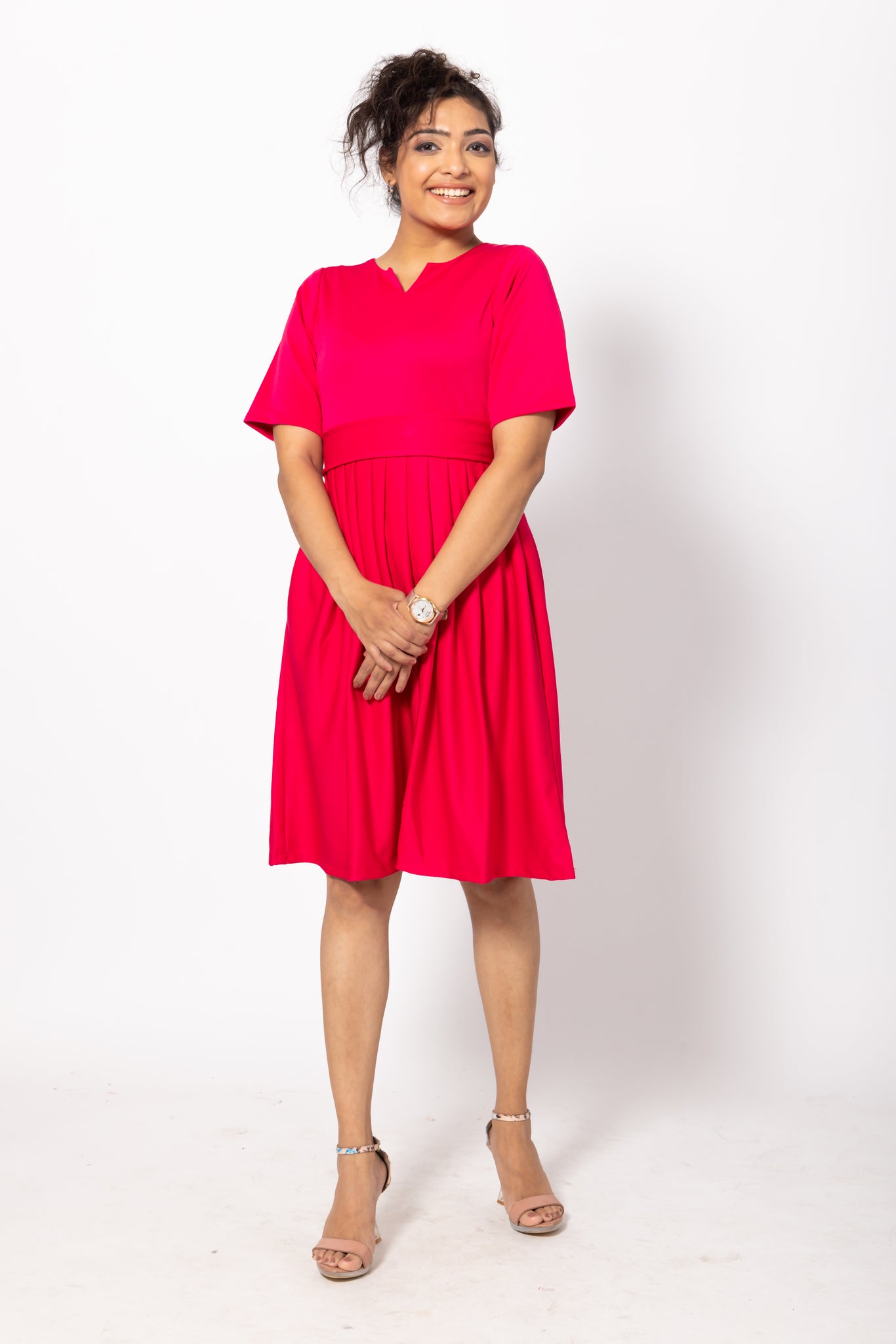 Bright Pink Fit and Flare Pleated Dress